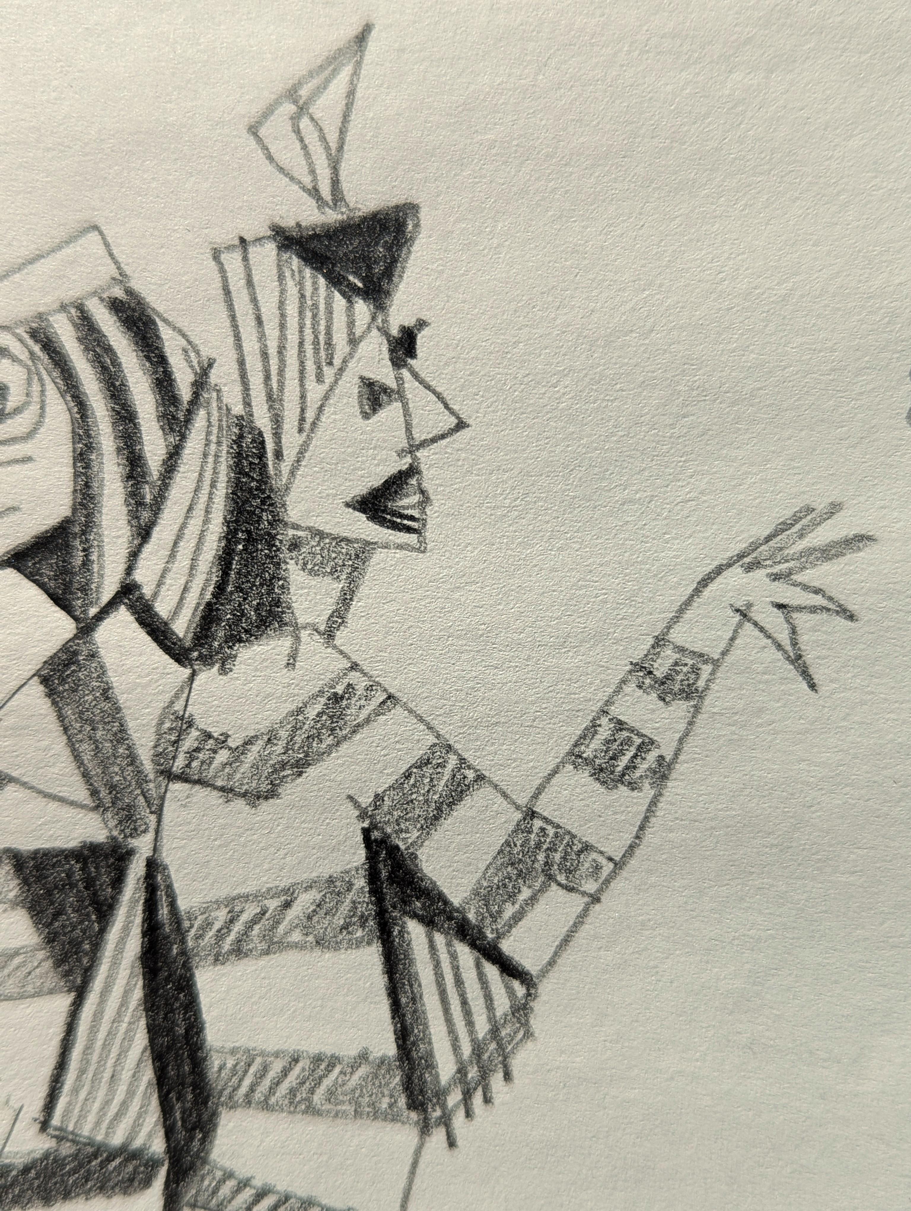 Antiguo dibujo abstracto en blanco y negro de figuras danzantes inspirado en Santa Fe en venta 4