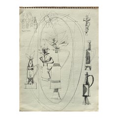 Early Modern Black & White Abstract Still Life & Vases Drawing Studies