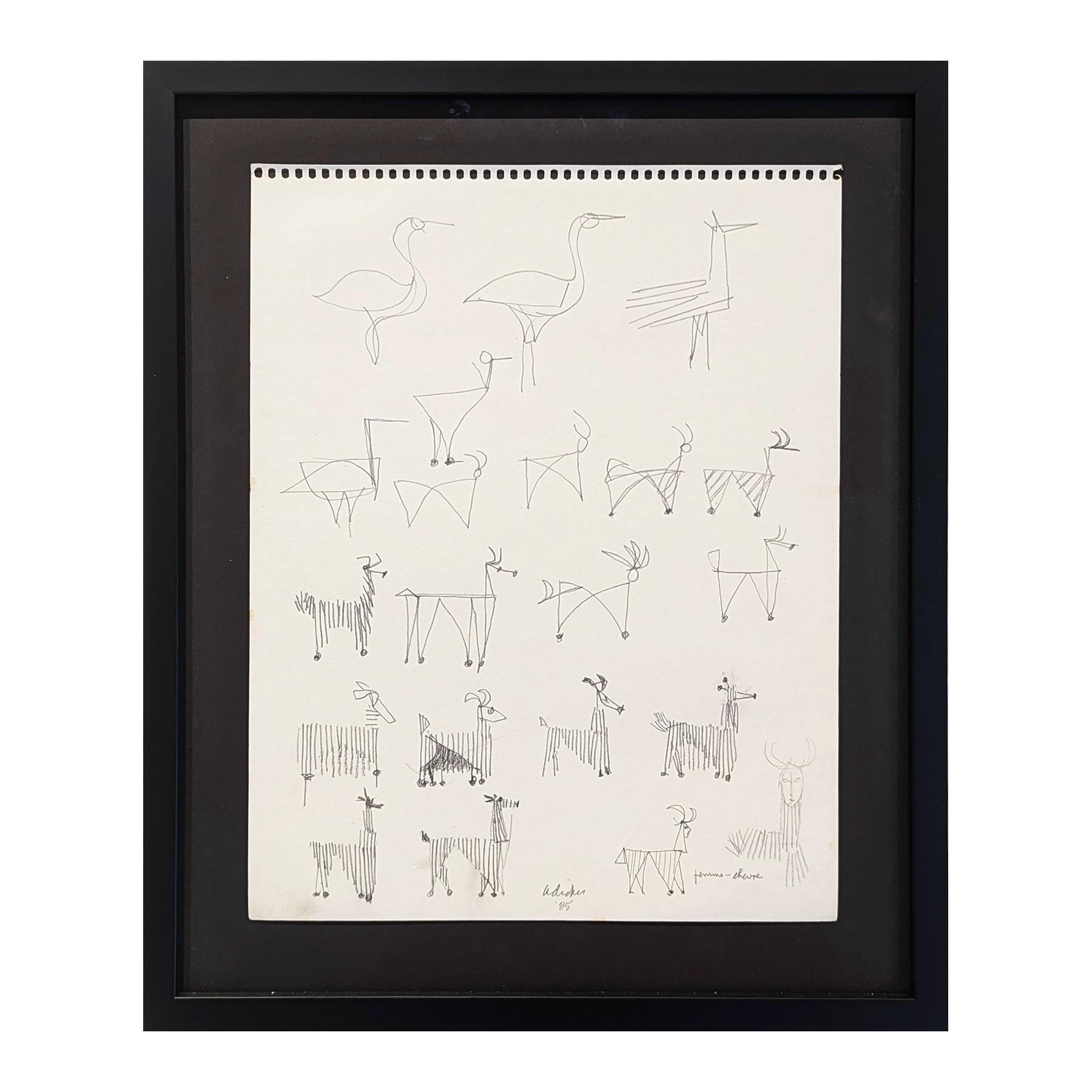 Dessin abstrait en noir et blanc d'animaux et d'oiseaux encadré The Modernity - Art de David Adickes