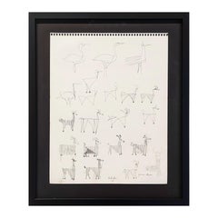 Framed Early Modern Black & White Abstract Drawing Studies of Animals and Birds