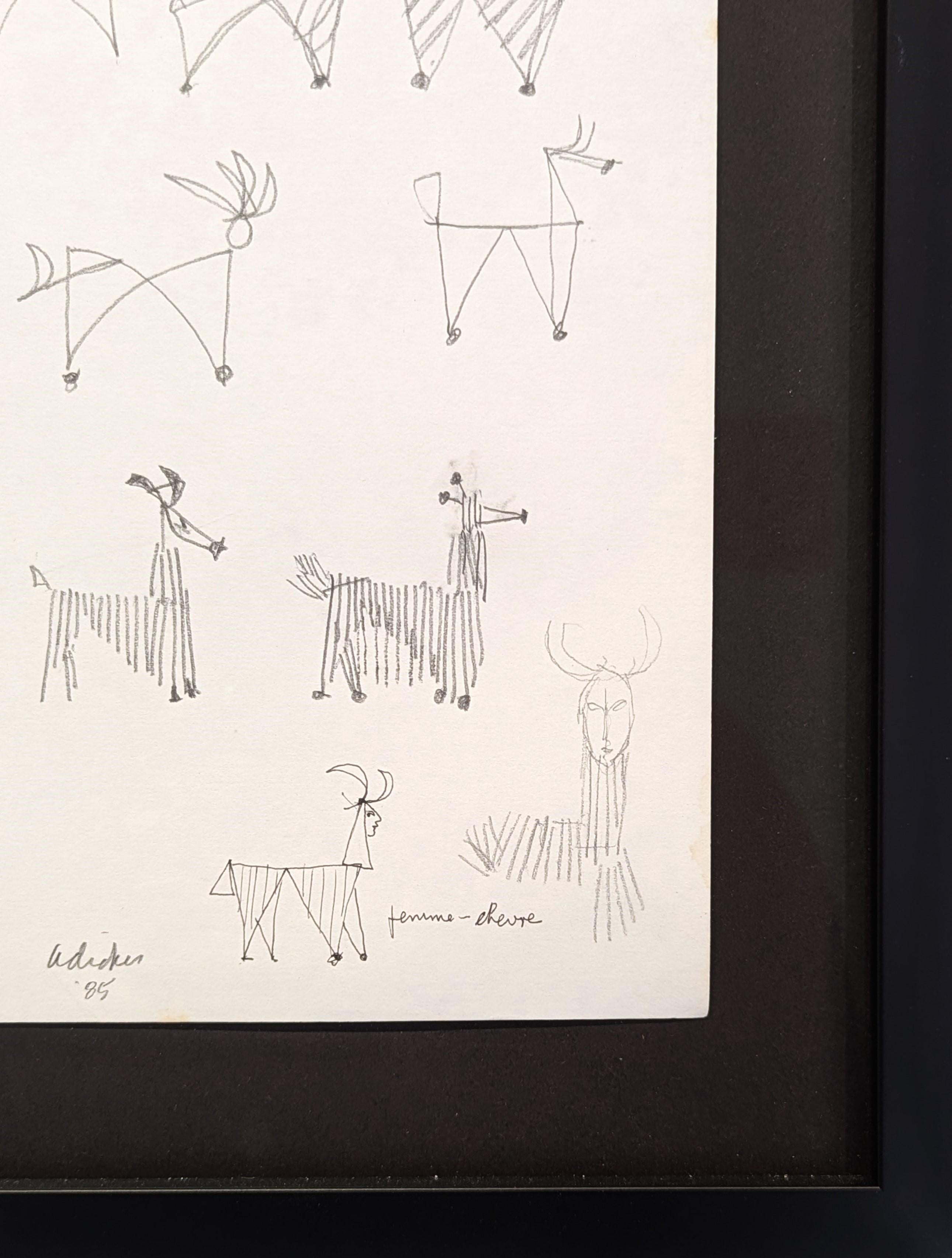 Dessin abstrait en noir et blanc d'animaux et d'oiseaux encadré The Modernity - Noir Abstract Drawing par David Adickes