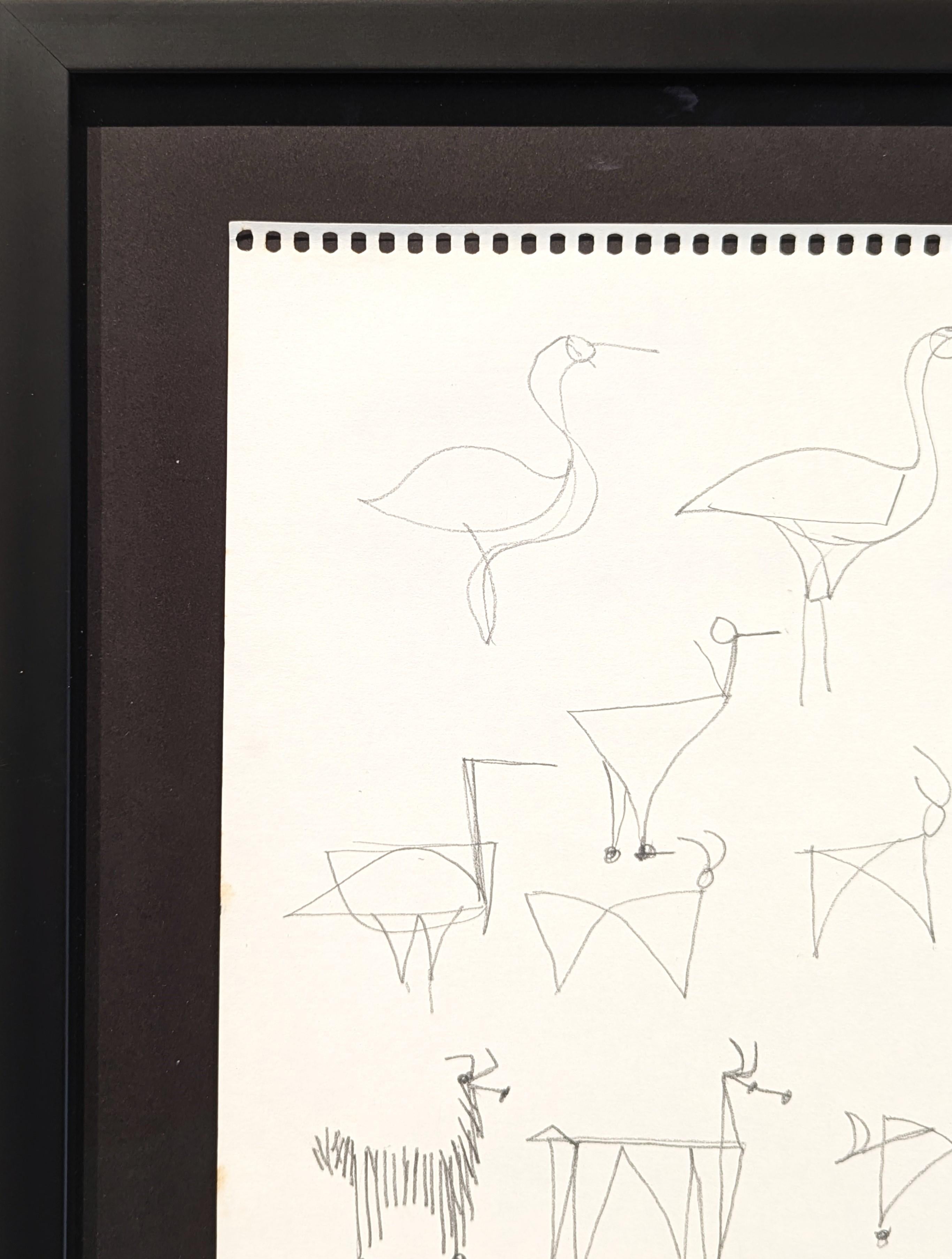 Dessin abstrait en noir et blanc d'animaux et d'oiseaux encadré The Modernity en vente 1