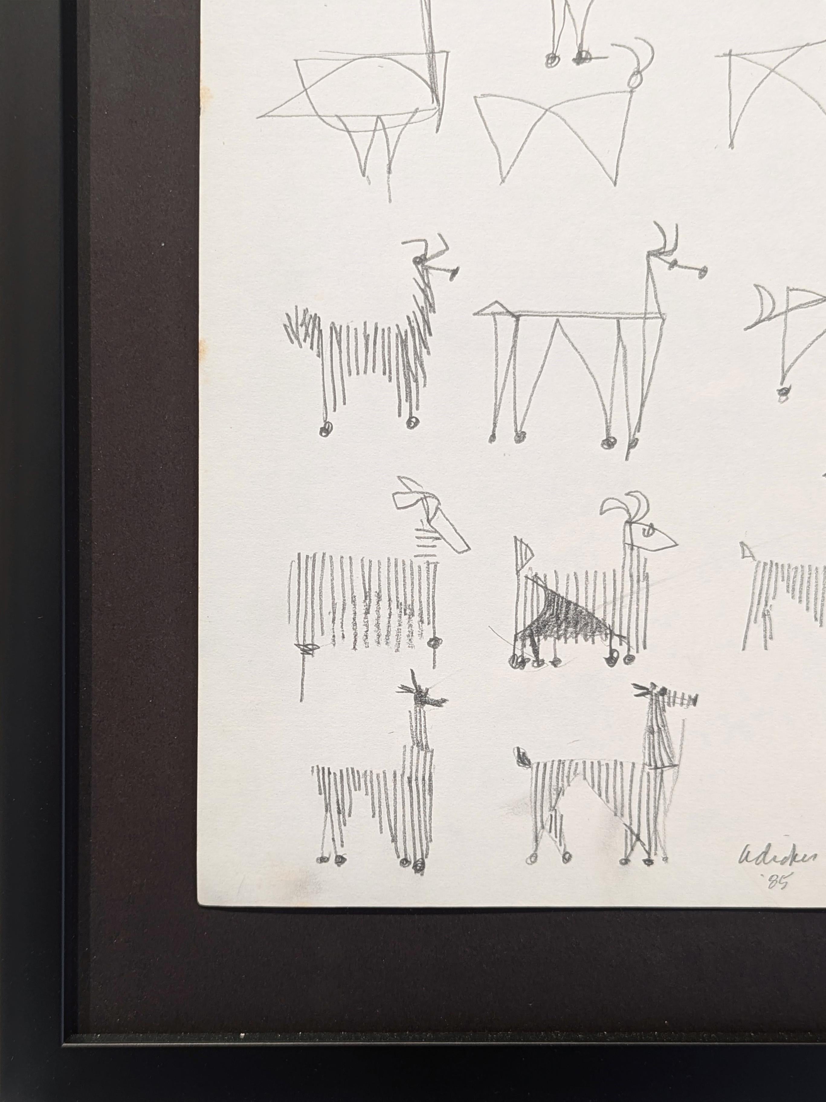 Dessin abstrait en noir et blanc d'animaux et d'oiseaux encadré The Modernity - Moderne Art par David Adickes