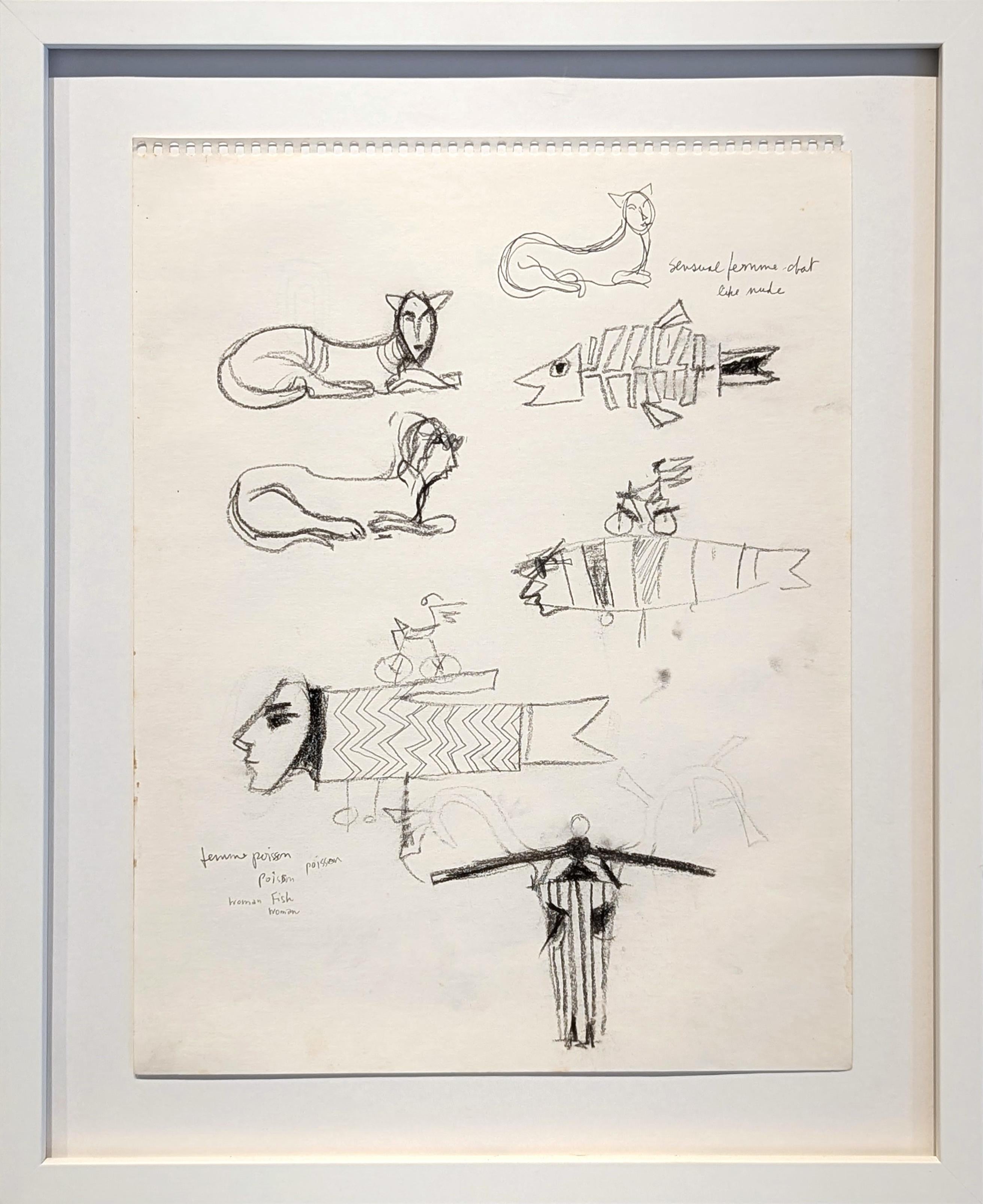 Gerahmte frühe moderne Schwarz-Weiß-Abstrakte Surrealistische Tierzeichnungsstudien, gerahmt