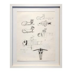 Framed Early Modern Black & White Abstract Surrealistic Animal Drawing Studies