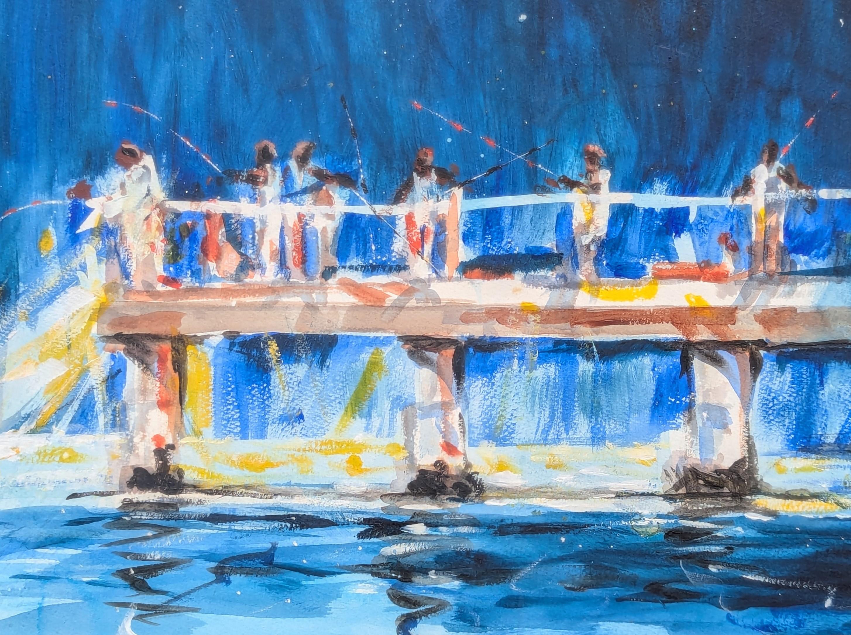 « Starry Night », aquarelle impressionniste, peinture de paysage de pilier de Galveston en vente 2