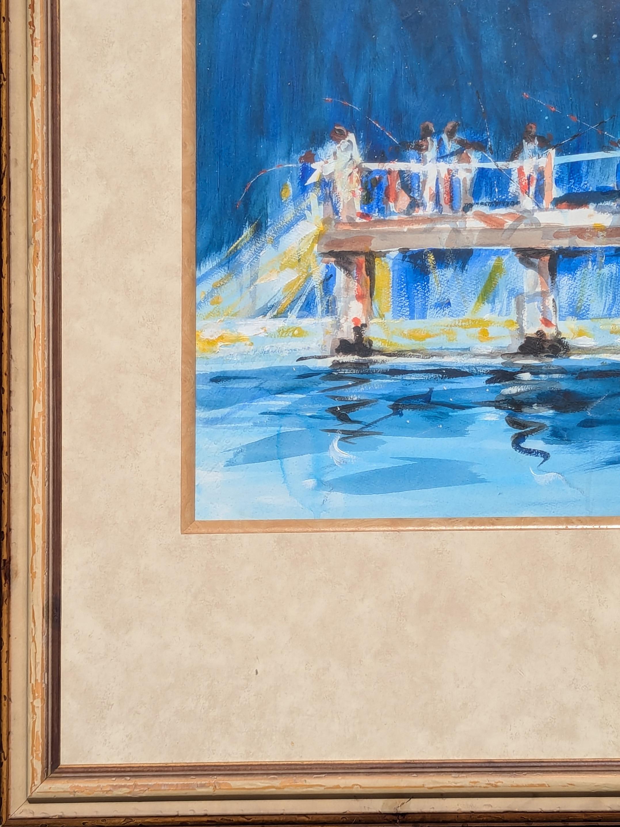 « Starry Night », aquarelle impressionniste, peinture de paysage de pilier de Galveston en vente 1
