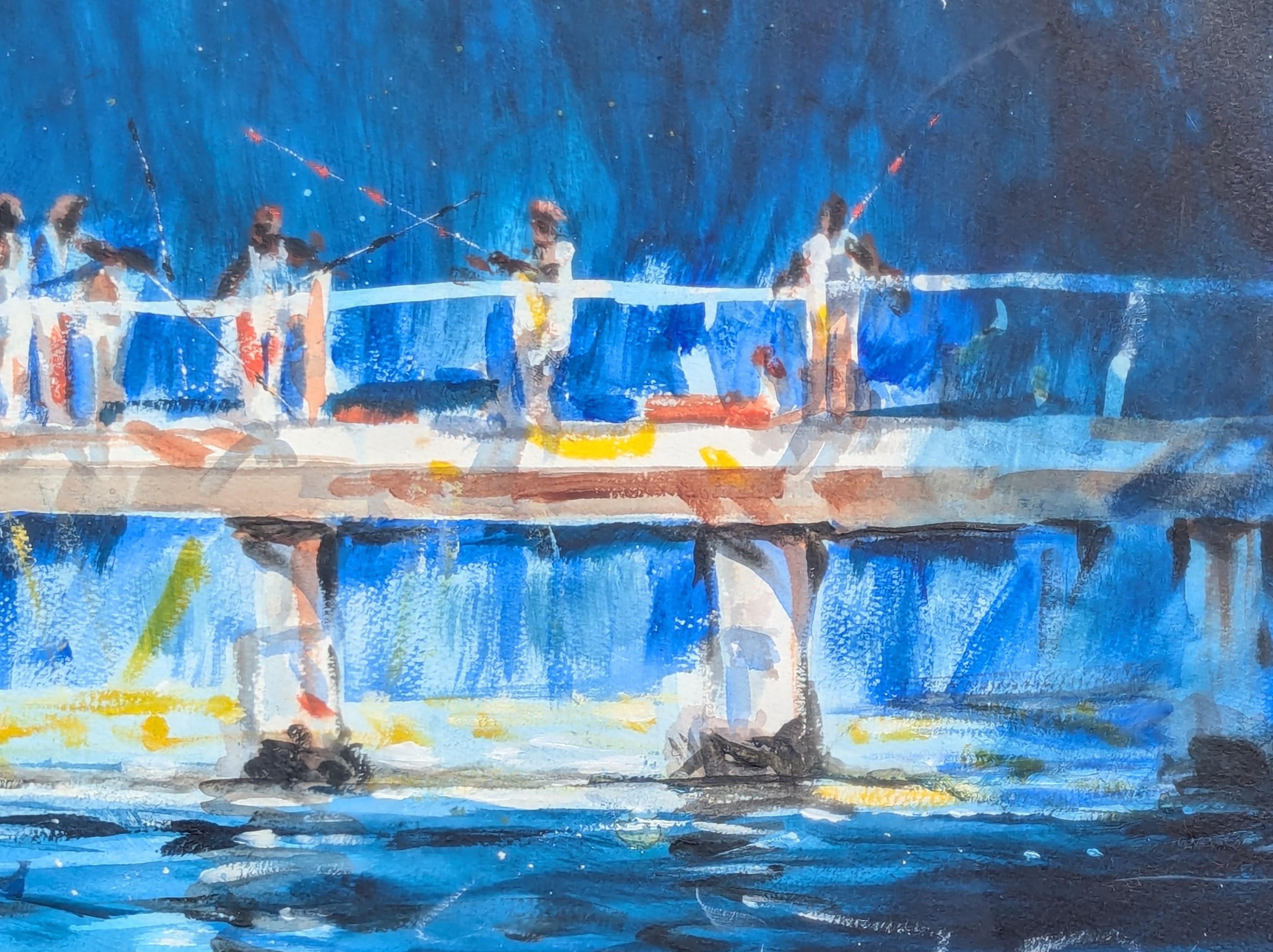 « Starry Night », aquarelle impressionniste, peinture de paysage de pilier de Galveston en vente 3