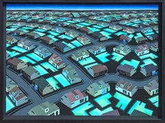 Contemporary Mid Century Inspired Blue & Green Toned Neighborhood Aerial Pastel