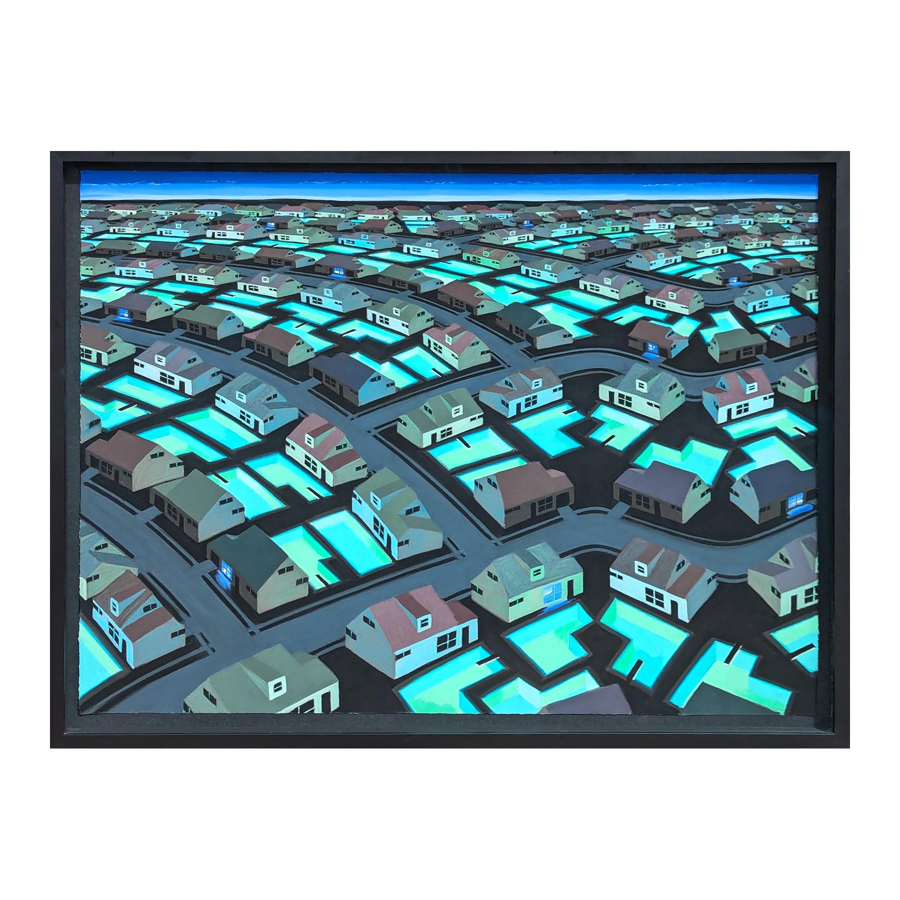 Contemporary Mid Century Inspired Blue & Green Toned Neighborhood Aerial Pastel - Art by R. Michael Wommack