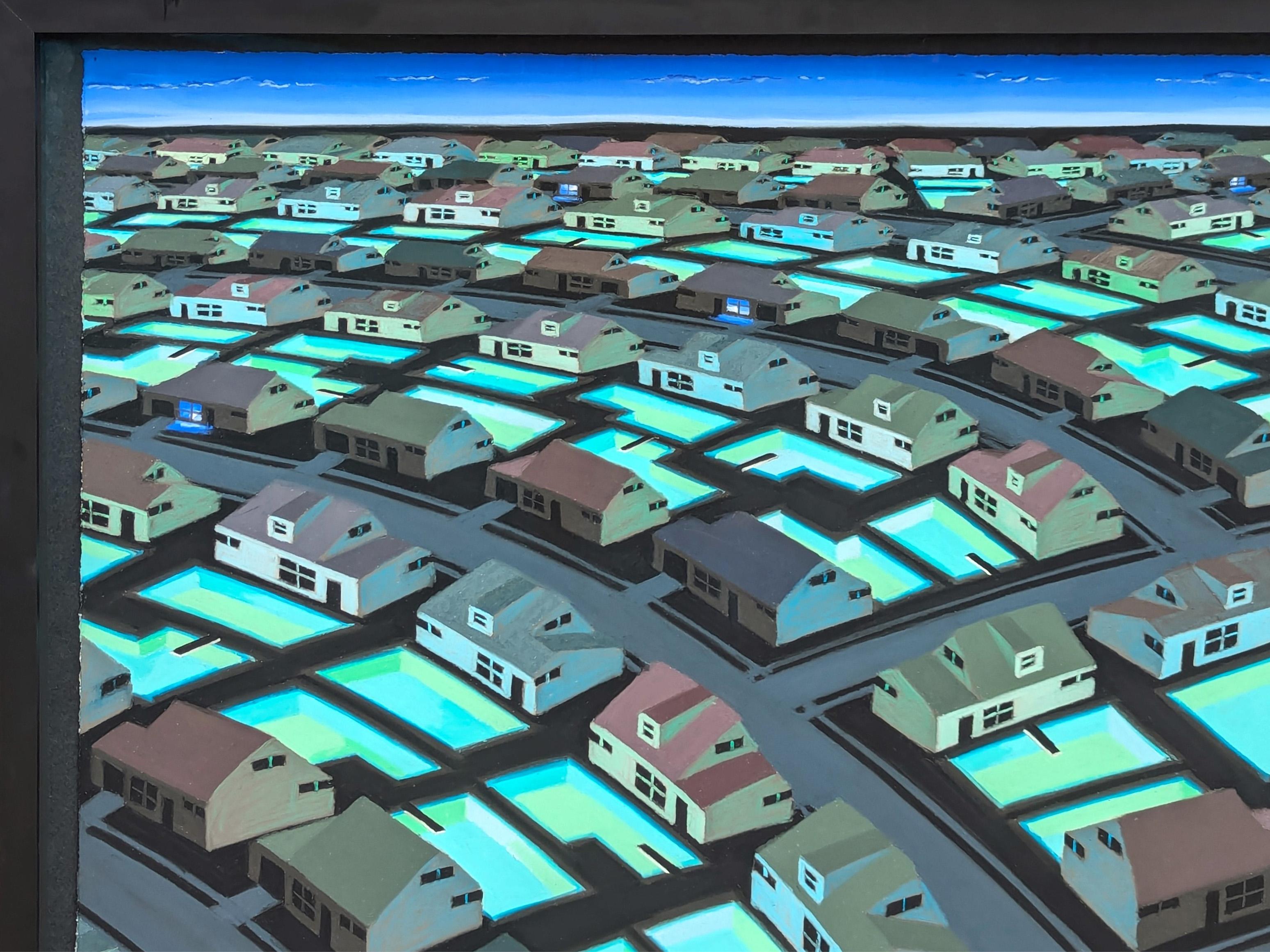 Contemporary Mid Century Inspired Blue & Green Toned Neighborhood Aerial Pastel - American Modern Art by R. Michael Wommack