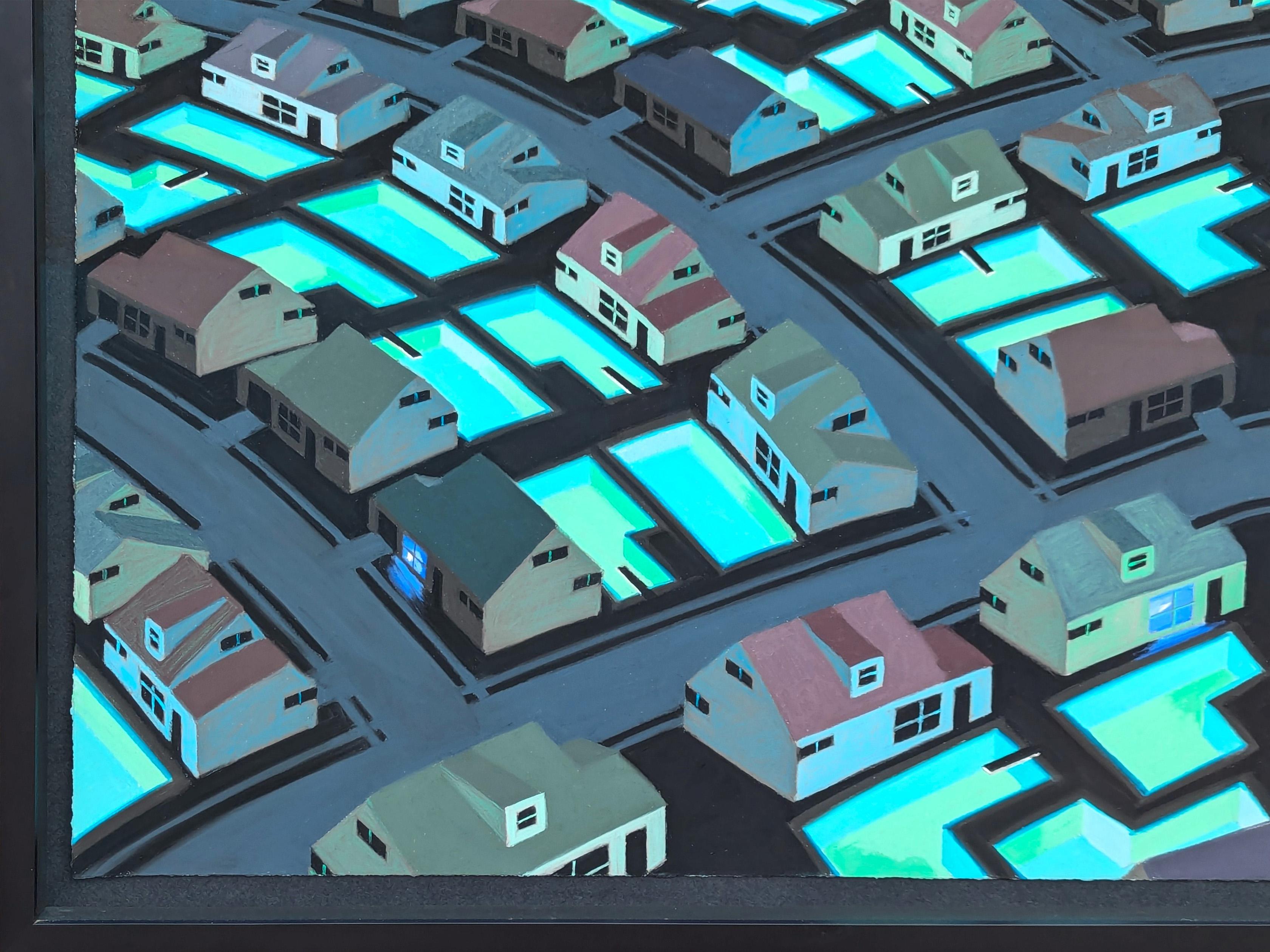 Contemporary Mid Century Inspired Blue & Green Toned Neighborhood Aerial Pastel For Sale 2