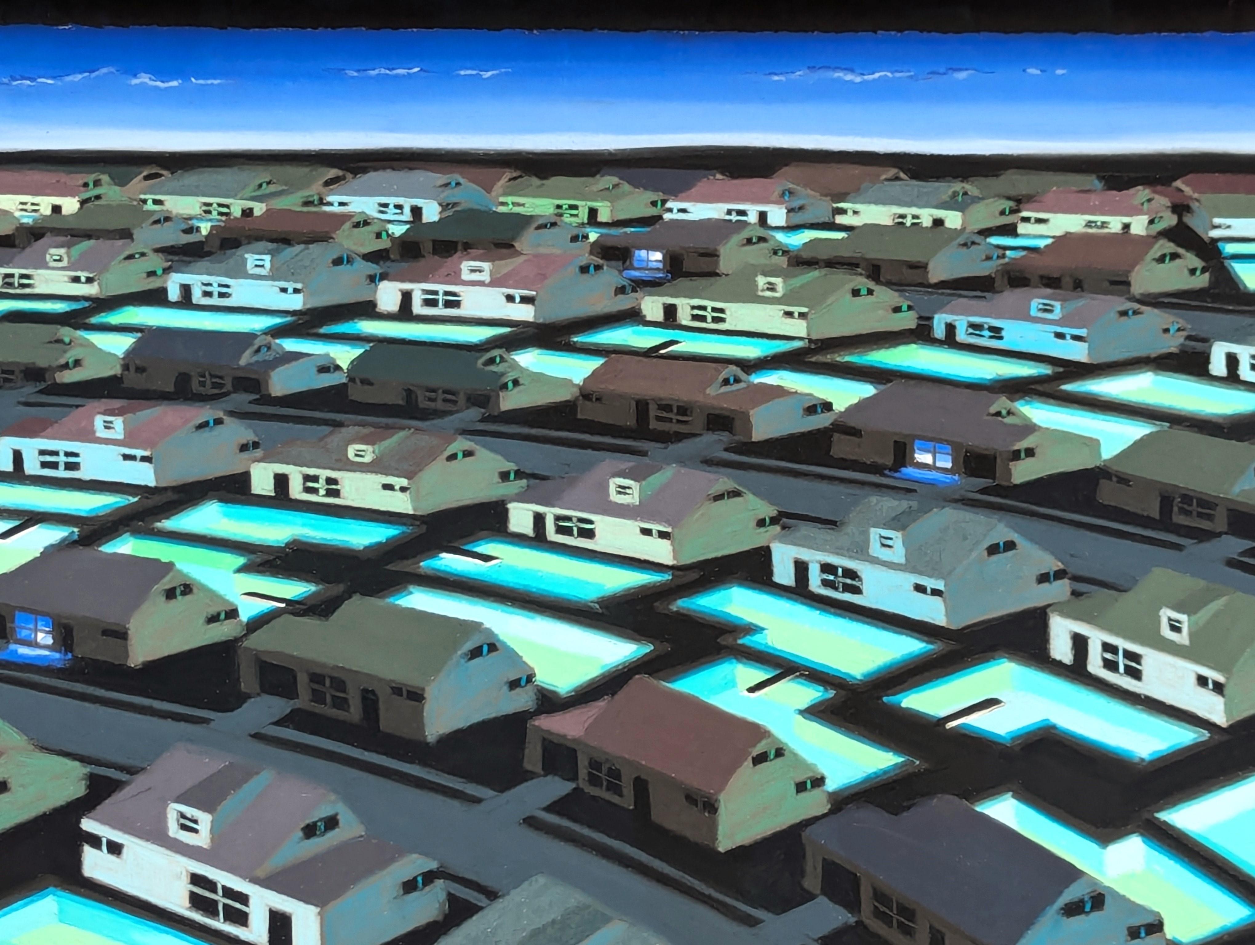 Contemporary Mid Century Inspired Blue & Green Toned Neighborhood Aerial Pastel For Sale 3