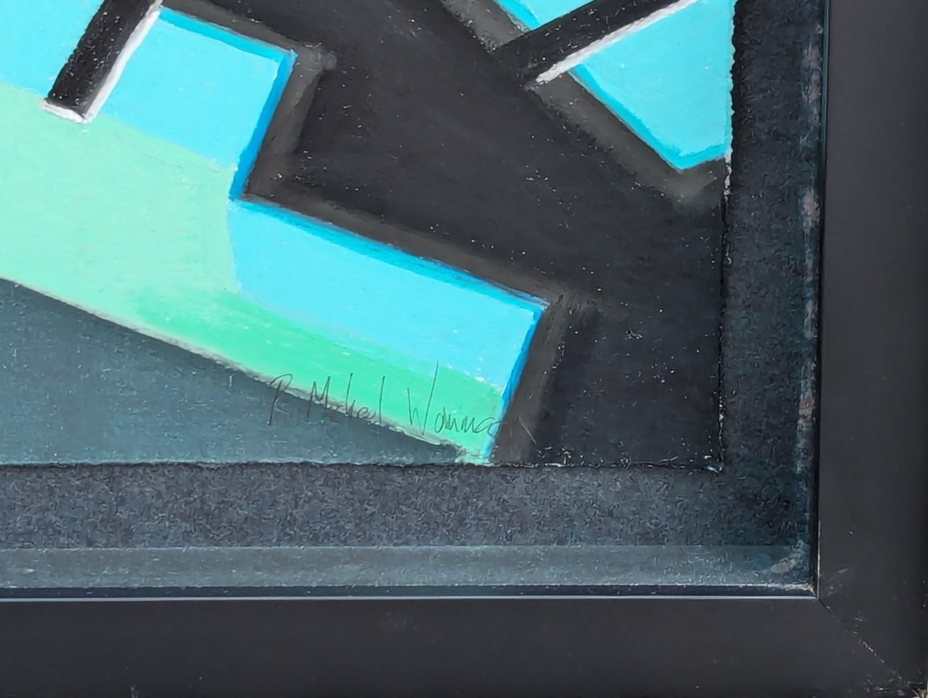 Contemporary Mid Century Inspired Blue & Green Toned Neighborhood Aerial Pastel For Sale 6