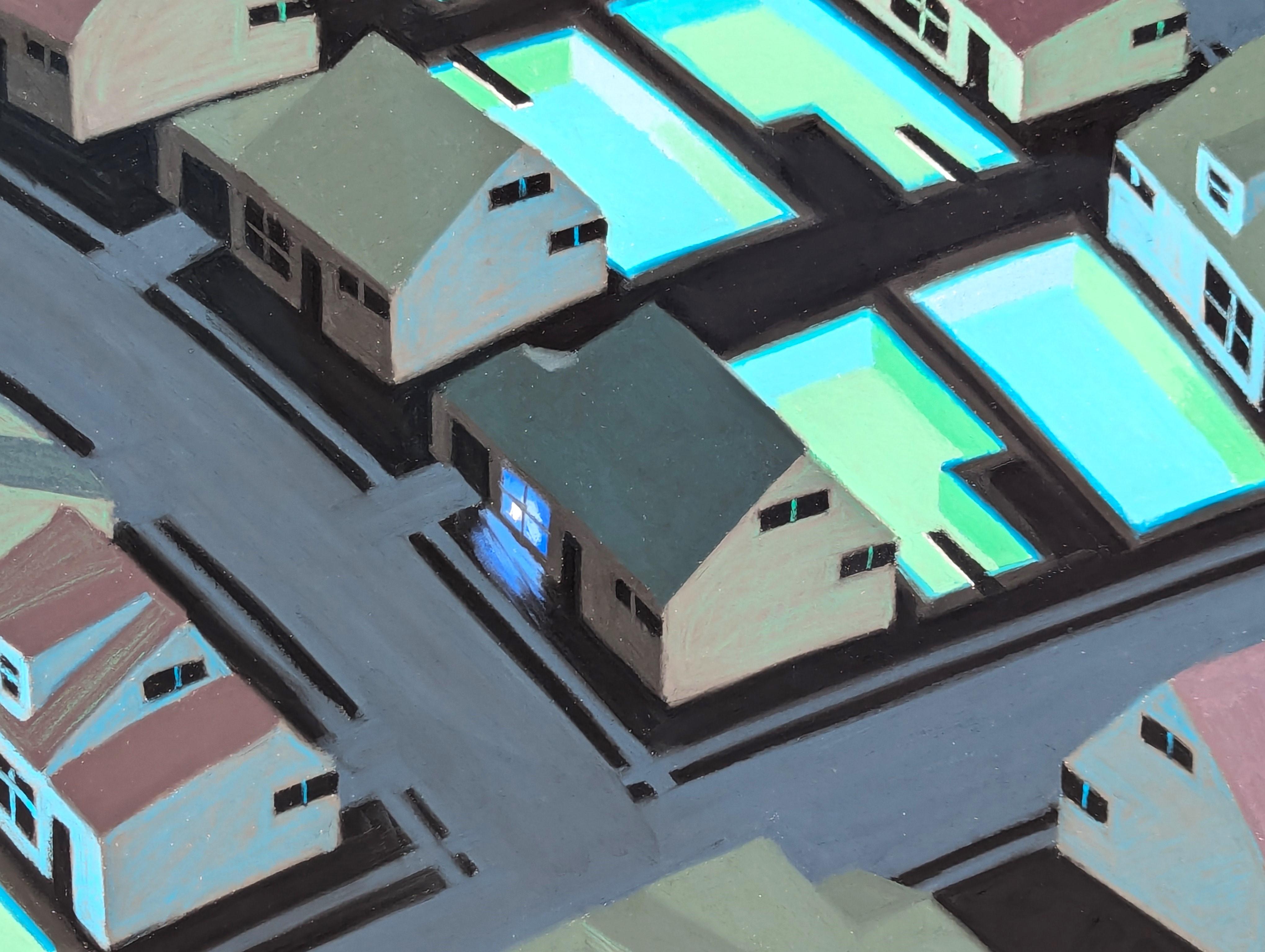 Contemporary Mid Century Inspired Blue & Green Toned Neighborhood Aerial Pastel For Sale 5