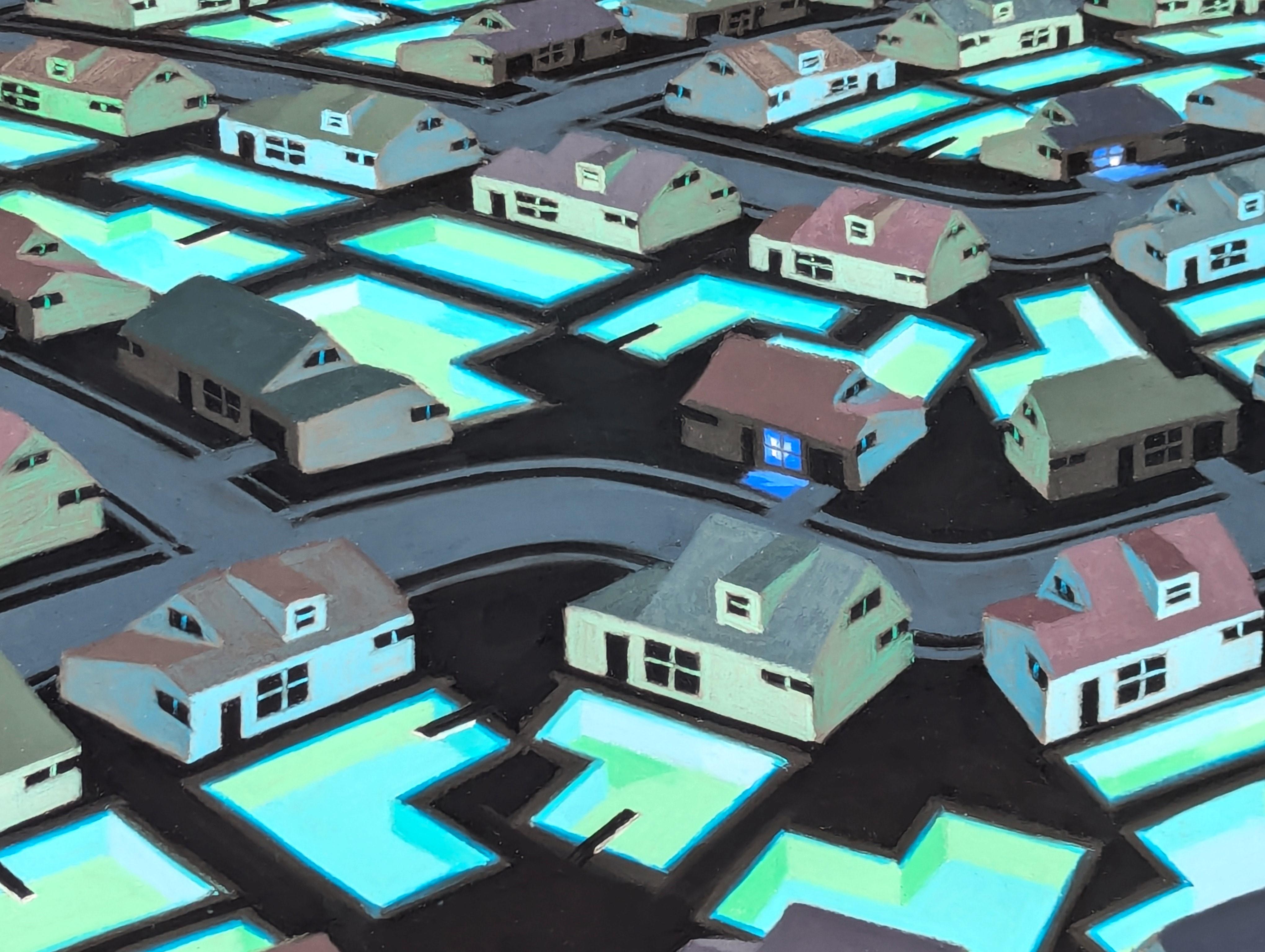 Contemporary Mid Century Inspired Blue & Green Toned Neighborhood Aerial Pastel For Sale 4