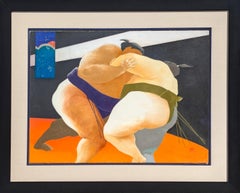 Moderne farbenfrohe pastellfarbene Zeichnung eines Paares von Sumo-Wrestlern in Blau und Grün