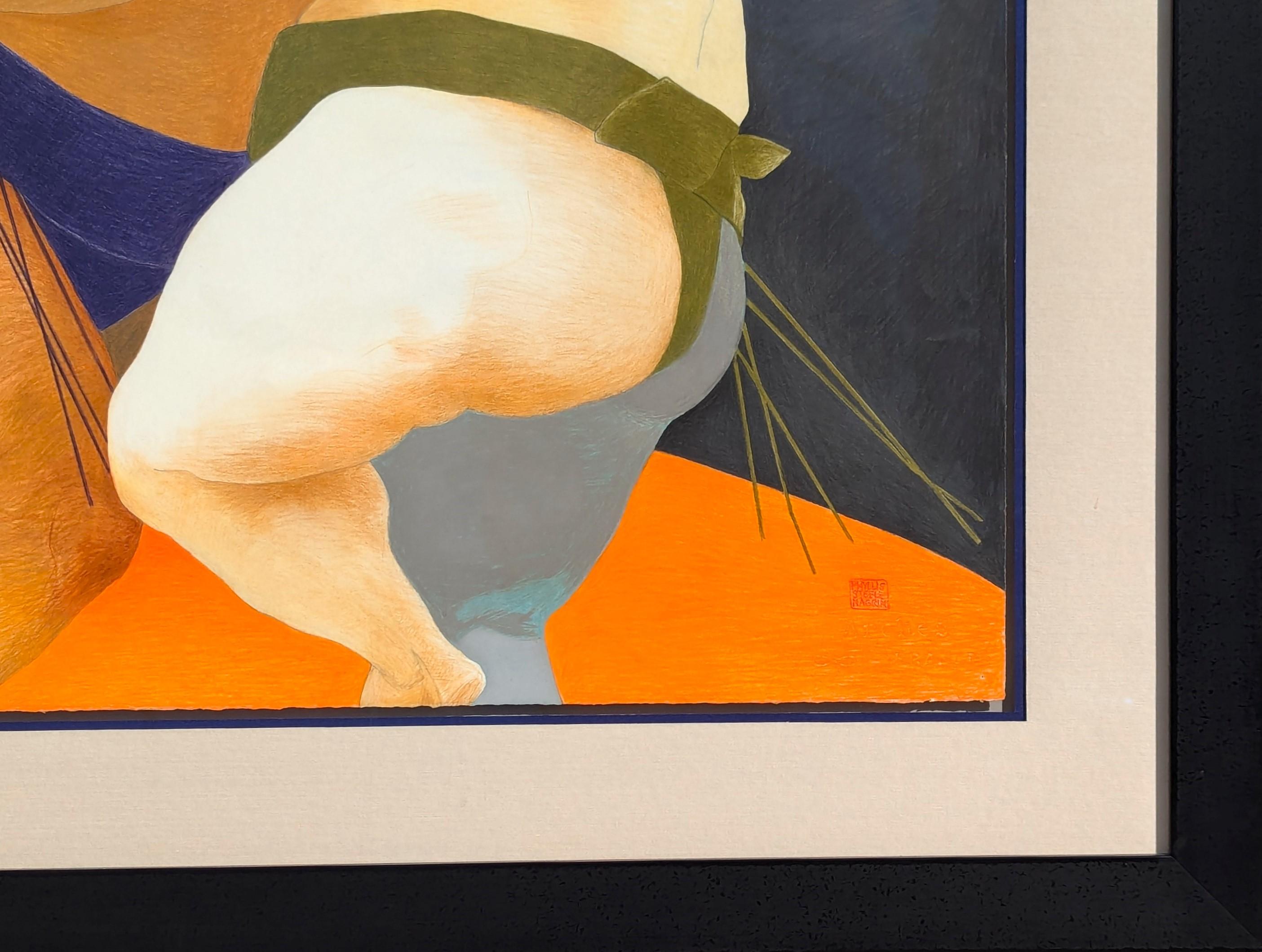 Modern Colorful Pastel Drawing of a Pair of Sumo Wrestlers in Blue and Green For Sale 1