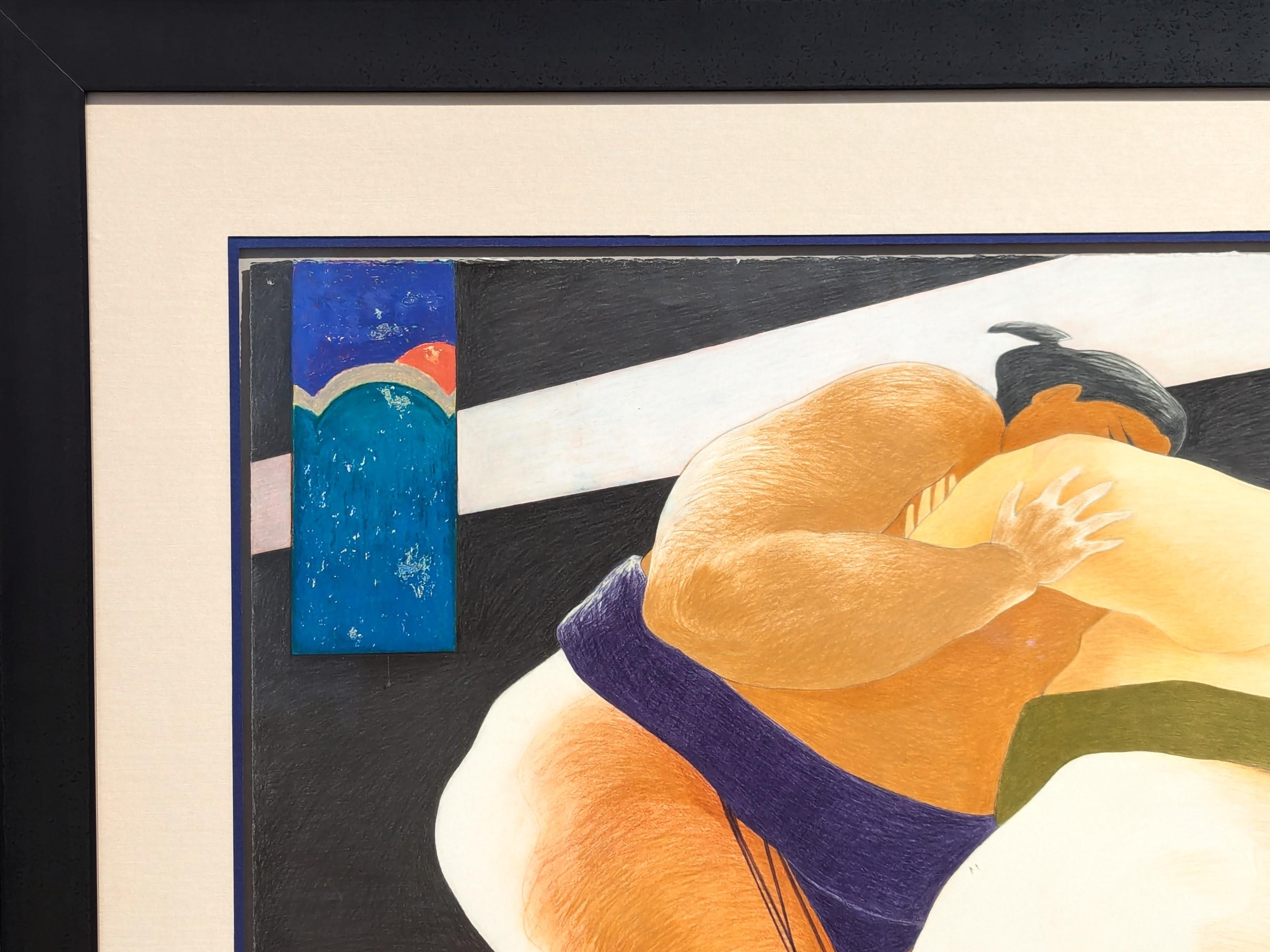 Modern Colorful Pastel Drawing of a Pair of Sumo Wrestlers in Blue and Green - Beige Figurative Art by Phyllis Steele