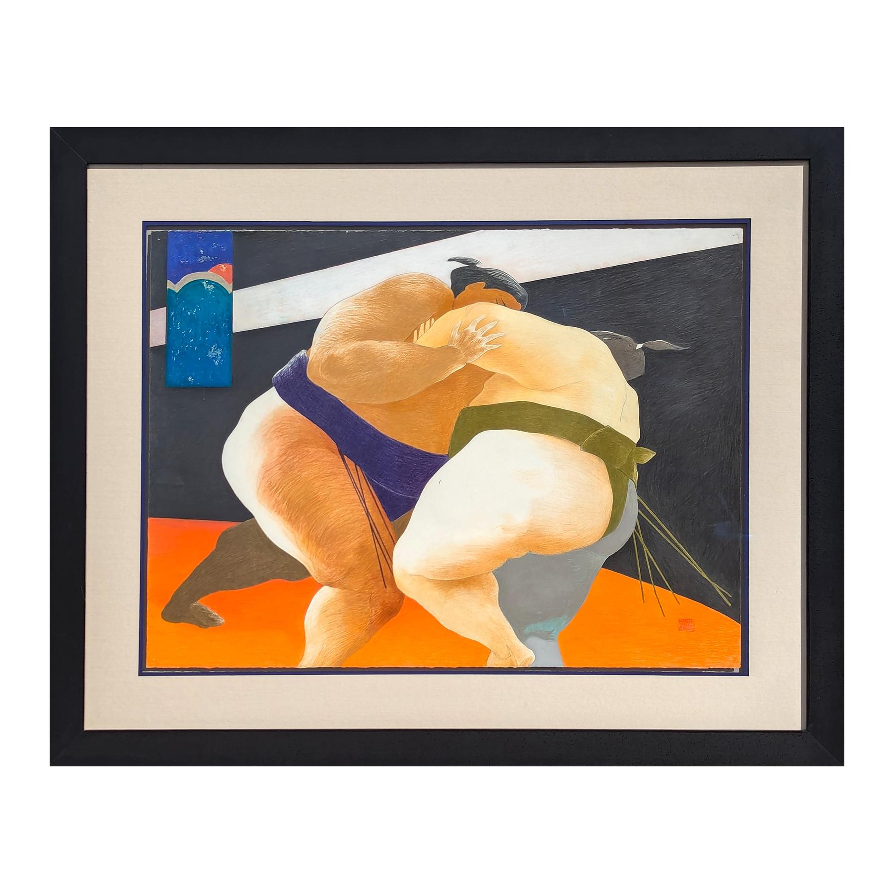 Modern Colorful Pastel Drawing of a Pair of Sumo Wrestlers in Blue and Green - Art by Phyllis Steele