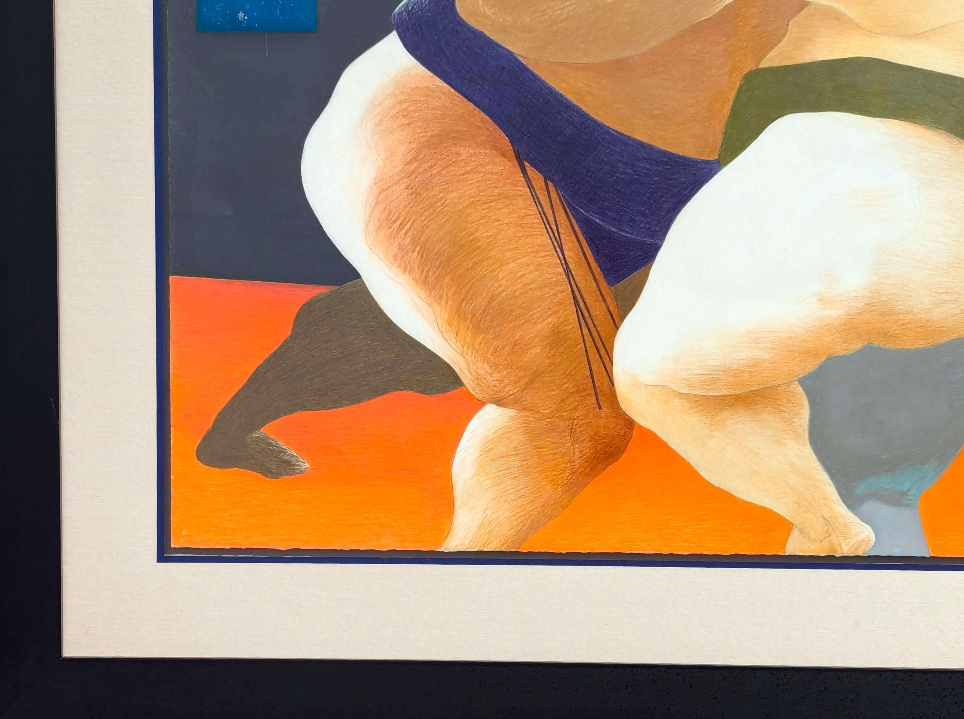 Modern Colorful Pastel Drawing of a Pair of Sumo Wrestlers in Blue and Green For Sale 2
