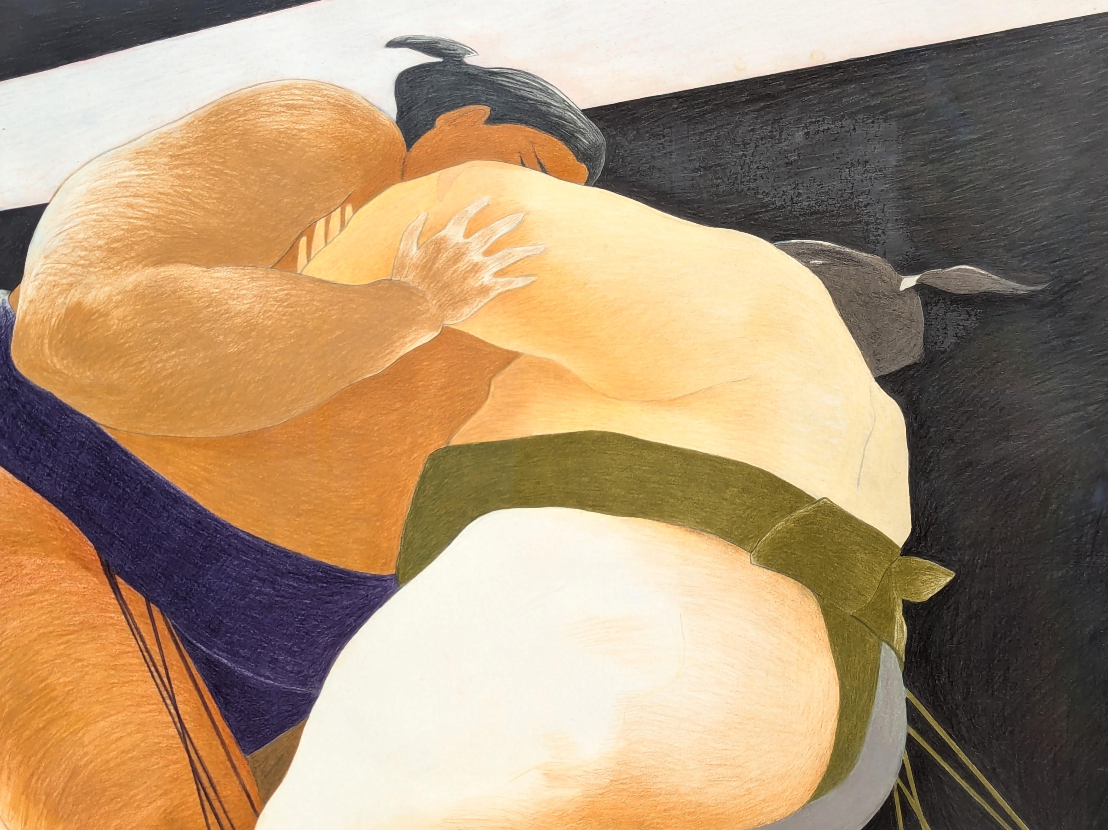 Modern Colorful Pastel Drawing of a Pair of Sumo Wrestlers in Blue and Green For Sale 7