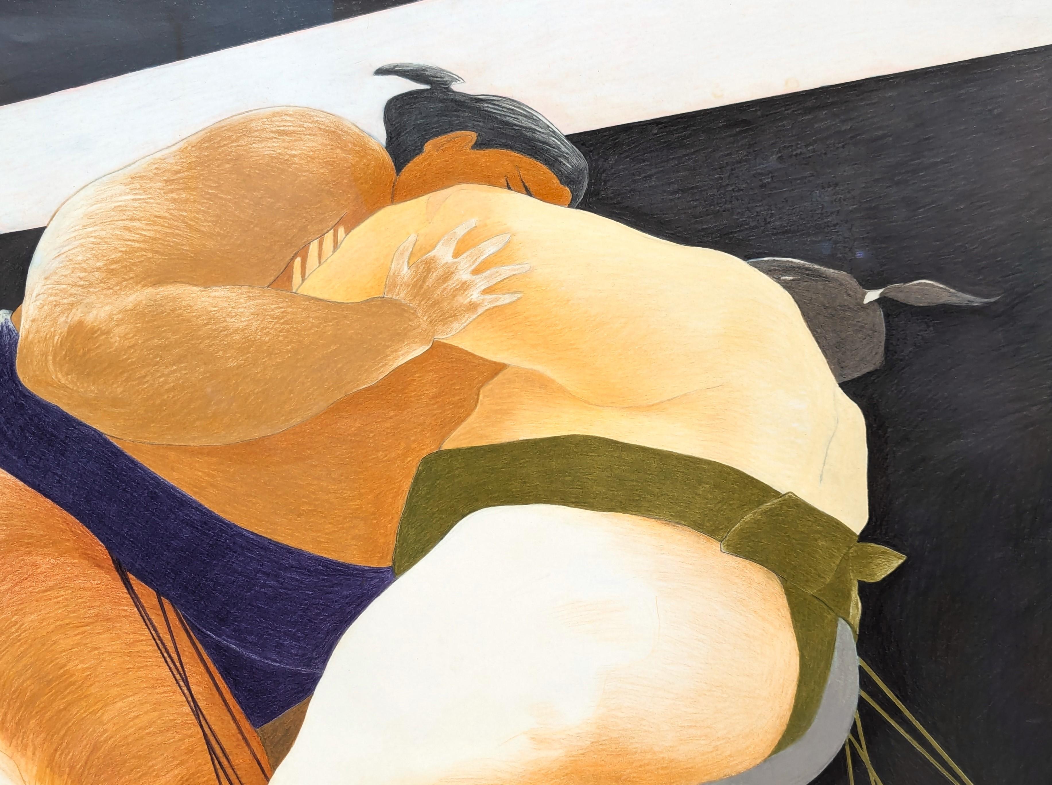 Modern Colorful Pastel Drawing of a Pair of Sumo Wrestlers in Blue and Green For Sale 4