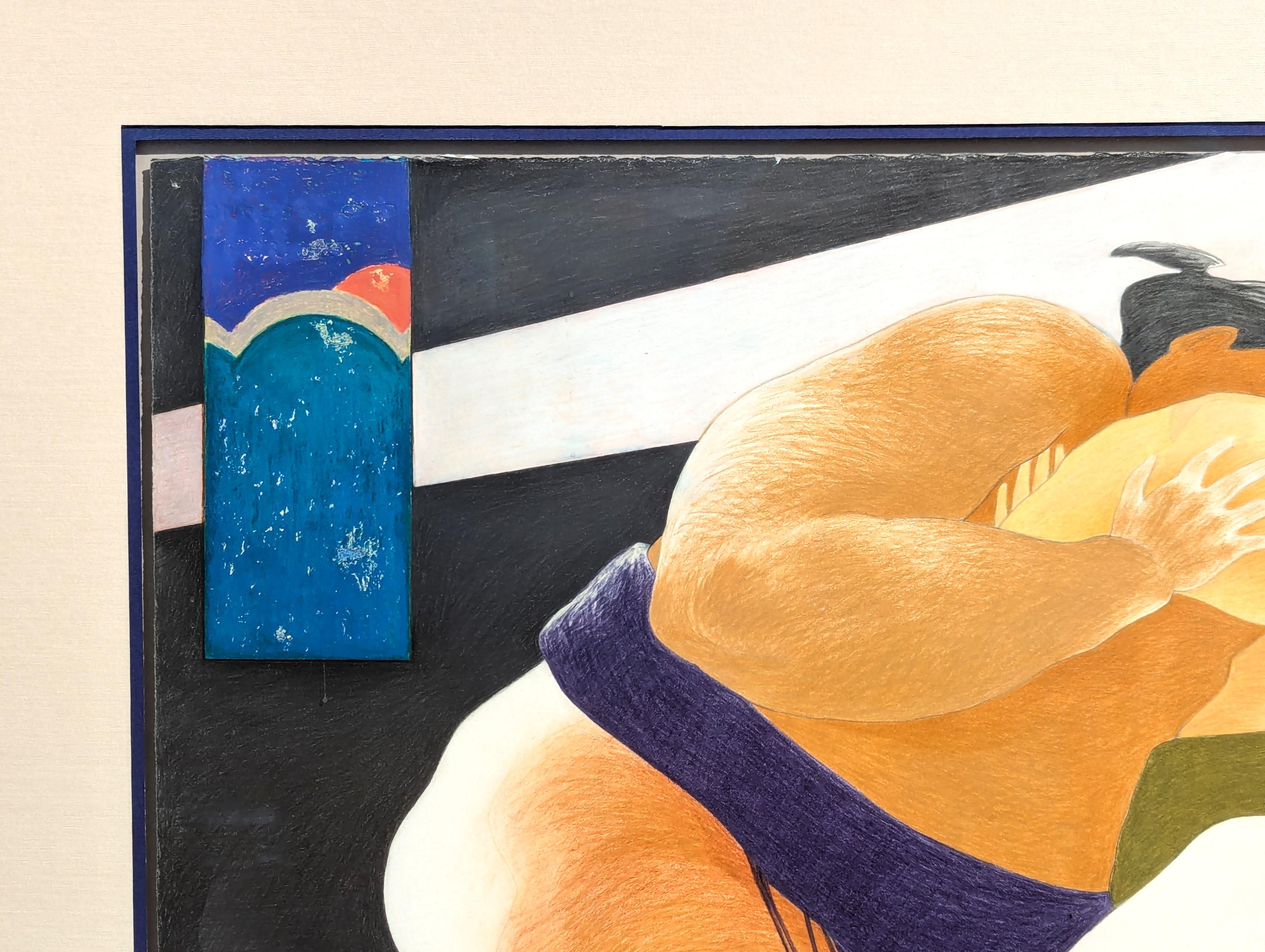 Modern Colorful Pastel Drawing of a Pair of Sumo Wrestlers in Blue and Green For Sale 5