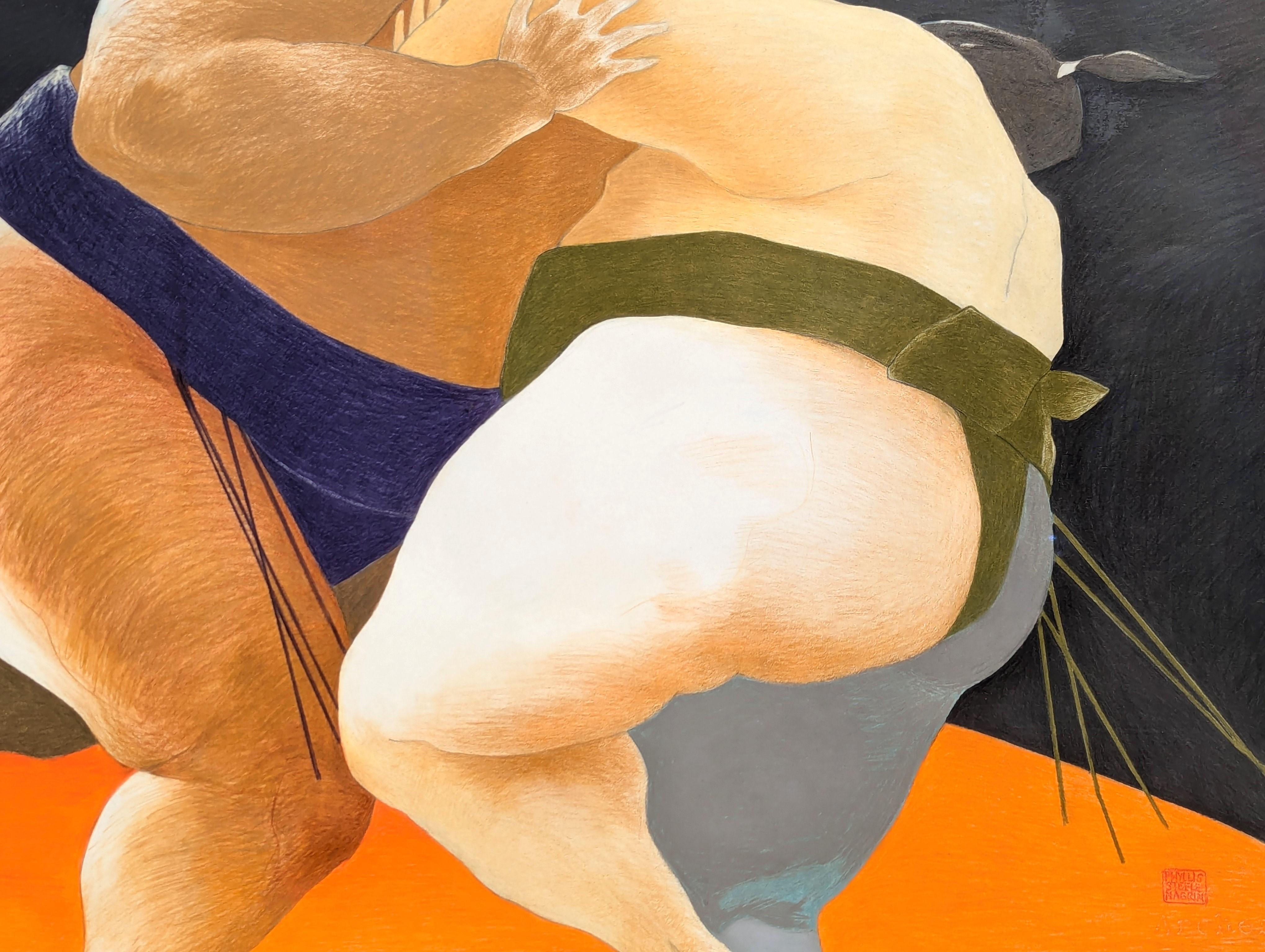 Modern Colorful Pastel Drawing of a Pair of Sumo Wrestlers in Blue and Green For Sale 6