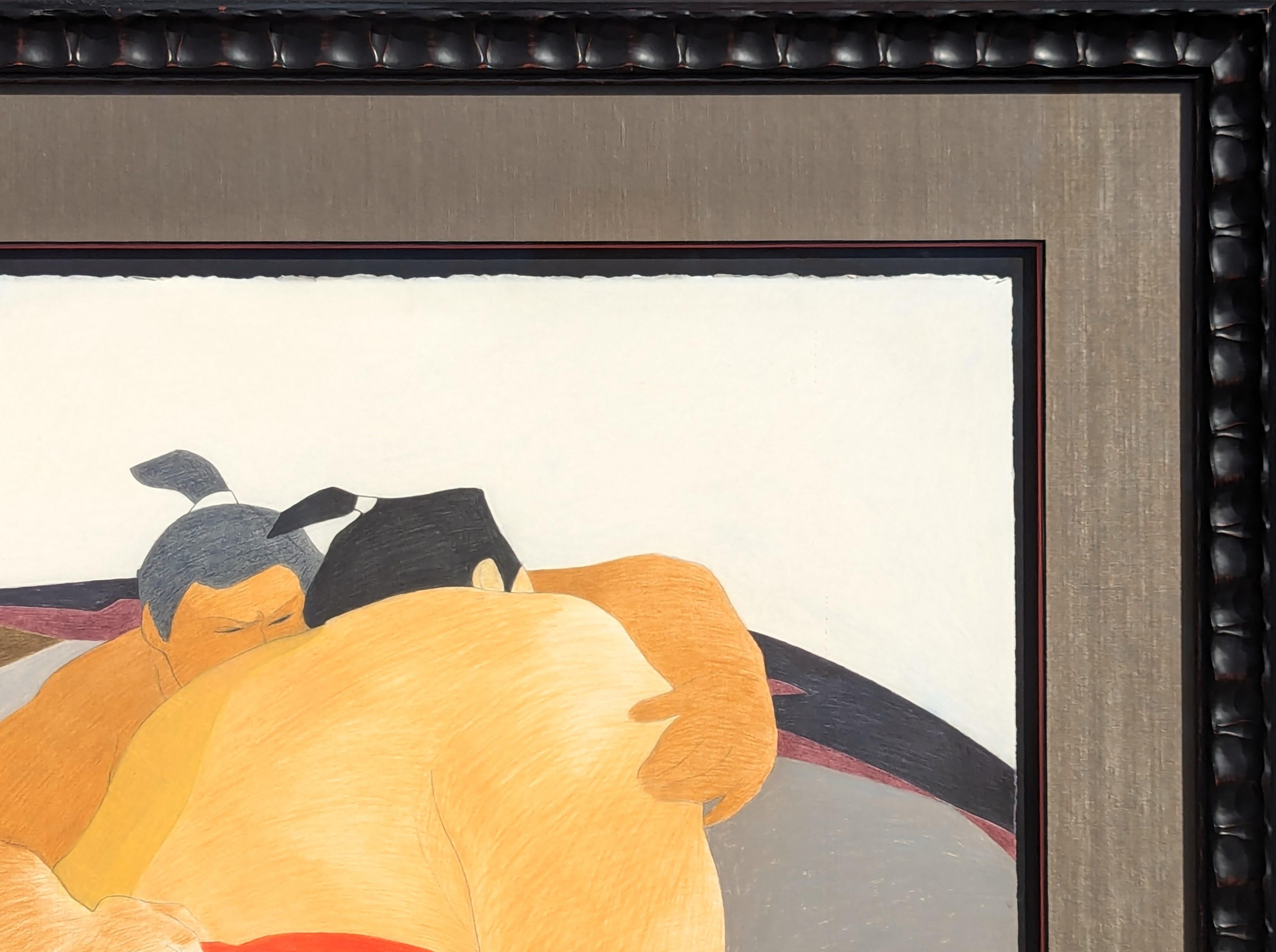Modern pastel drawing of a pair of sumo wrestlers in the middle of a match wearing red mawashi set against a grey floor. Signed by the artist in the front lower right corner. Currently hung in a black frame with a grey matting. 

Dimensions Without