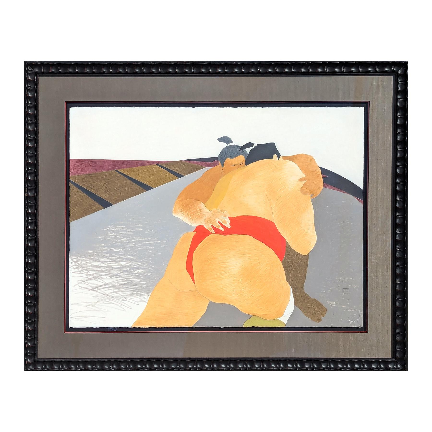 Modern Colorful Pastel Drawing of a Pair of Competing Sumo Wrestlers in Red - Painting by Phyllis Steele