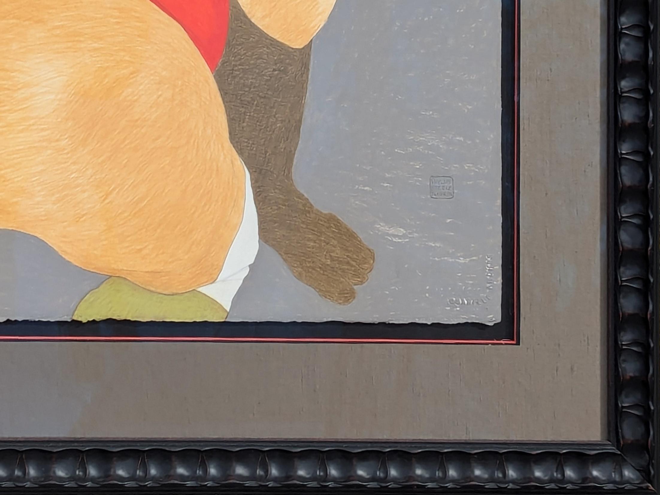 Modern Colorful Pastel Drawing of a Pair of Competing Sumo Wrestlers in Red For Sale 1