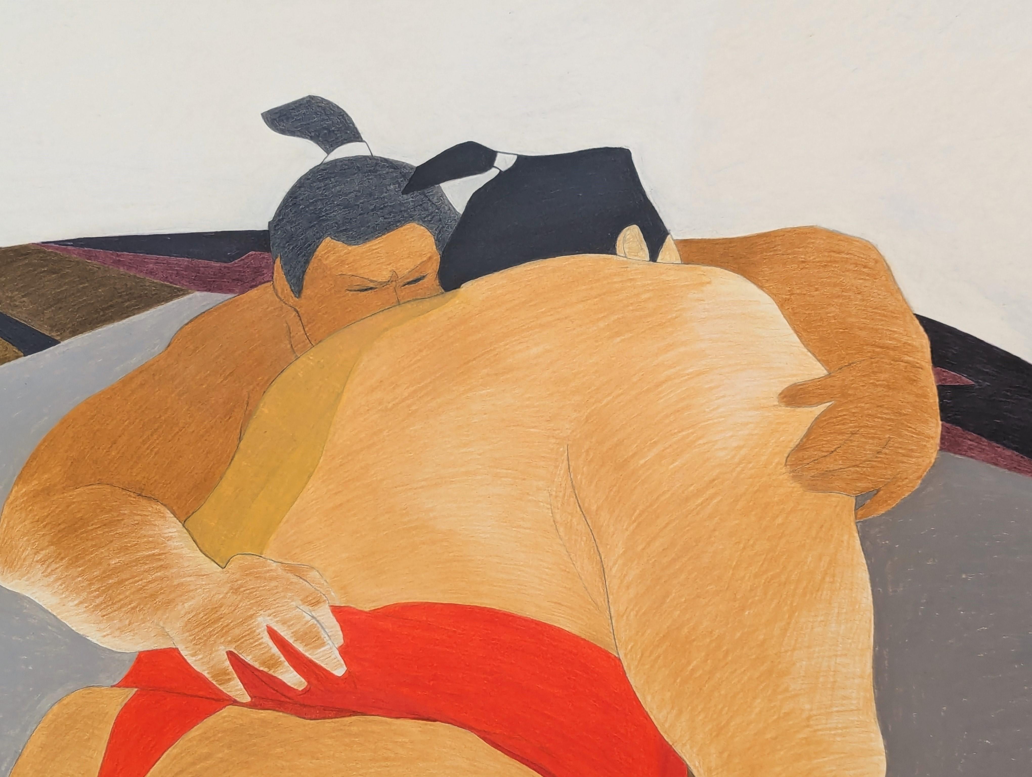 Modern Colorful Pastel Drawing of a Pair of Competing Sumo Wrestlers in Red For Sale 4