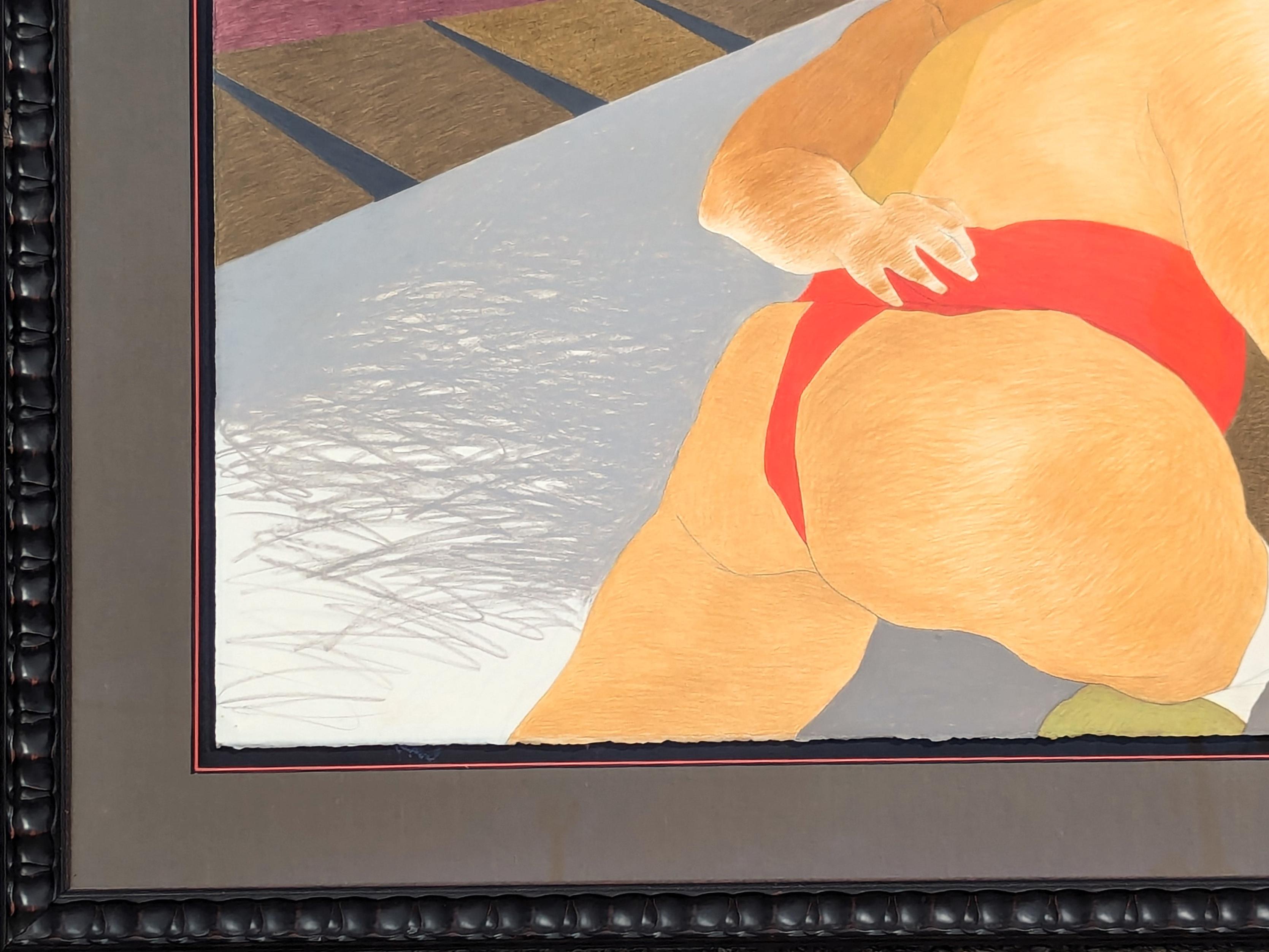 Modern Colorful Pastel Drawing of a Pair of Competing Sumo Wrestlers in Red For Sale 2