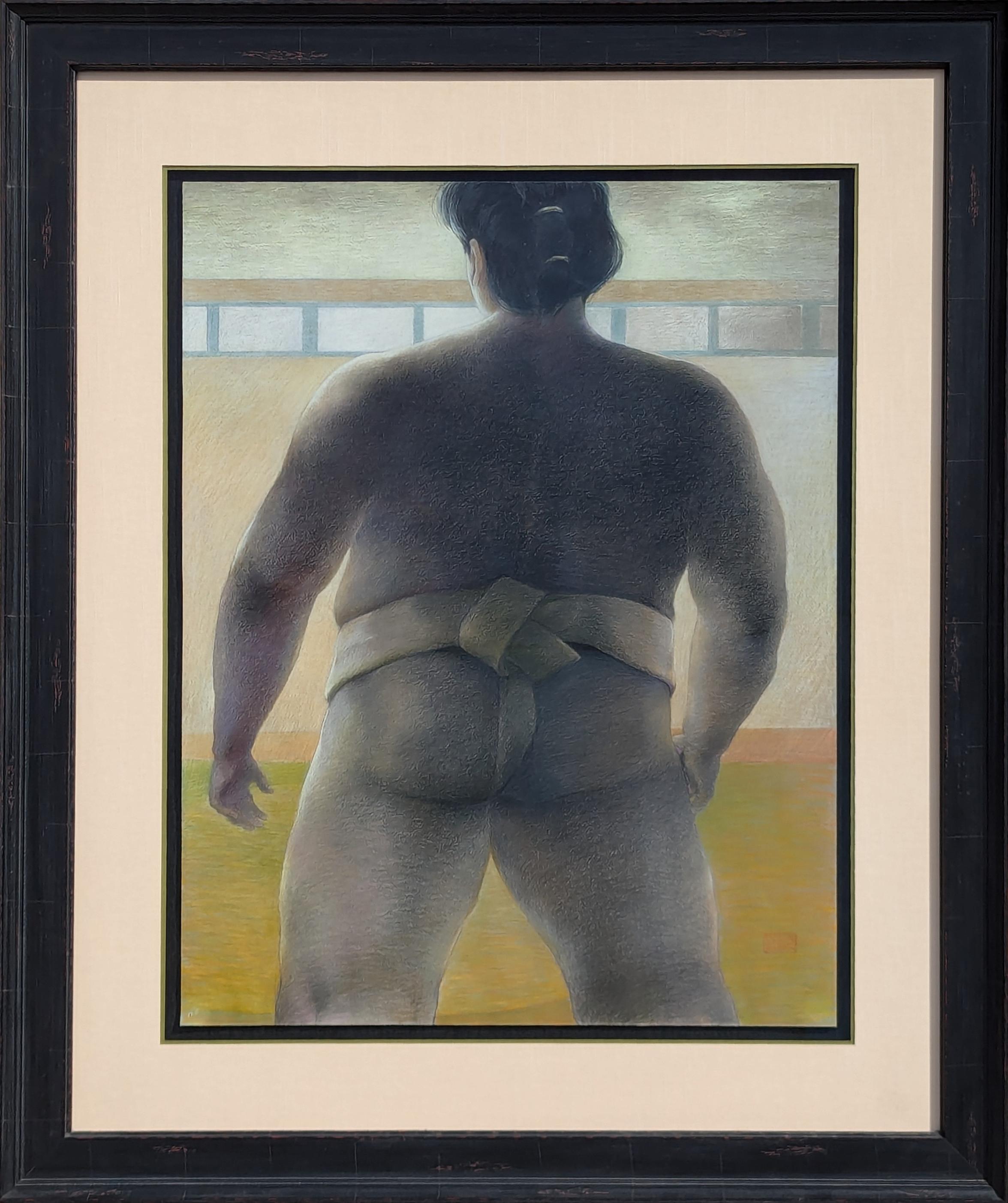 Moderne pastellfarbene figurative Zeichnung eines Sumo-Wrestlers in einem Mawashi von Hinter