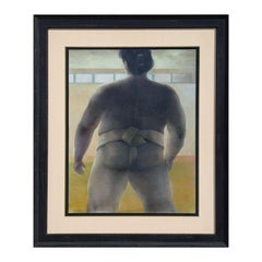 Modern Pastel Figurative Drawing of a Sumo Wrestler in a Mawashi from Behind