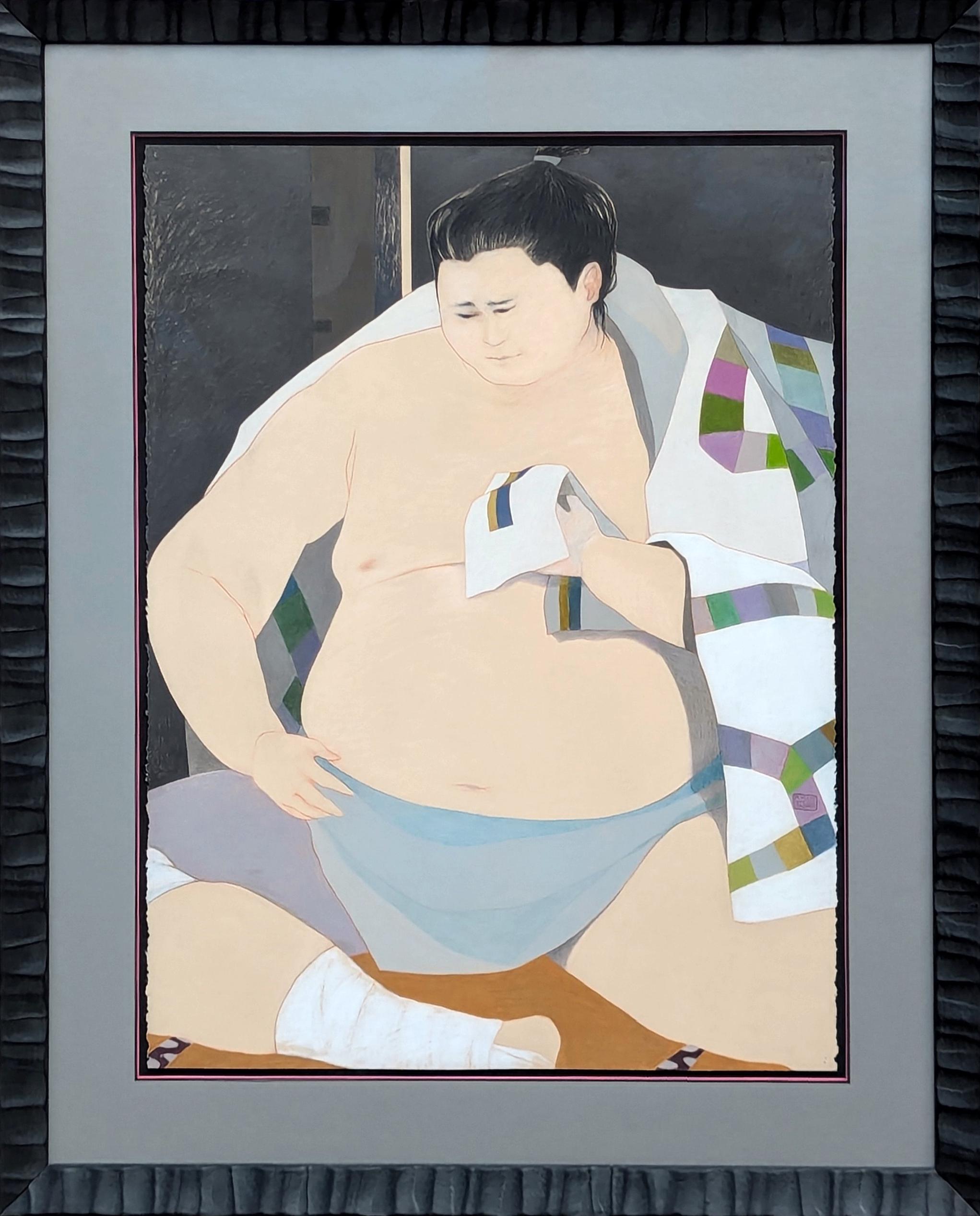 Moderne pastellfarbene figurative Zeichnung eines sitzenden, ruhenden Sumo-Wrestlers mit Kimono