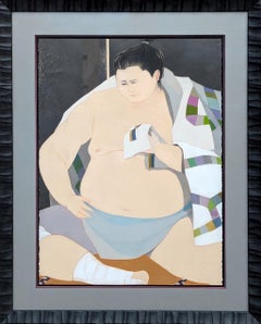Moderne pastellfarbene figurative Zeichnung eines sitzenden, ruhenden Sumo-Wrestlers mit Kimono