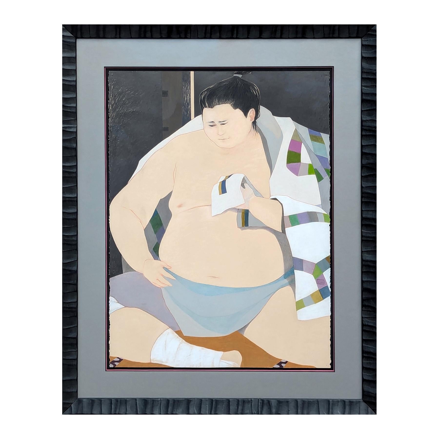 Moderne pastellfarbene figurative Zeichnung eines sitzenden, ruhenden Sumo-Wrestlers mit Kimono – Painting von Phyllis Steele