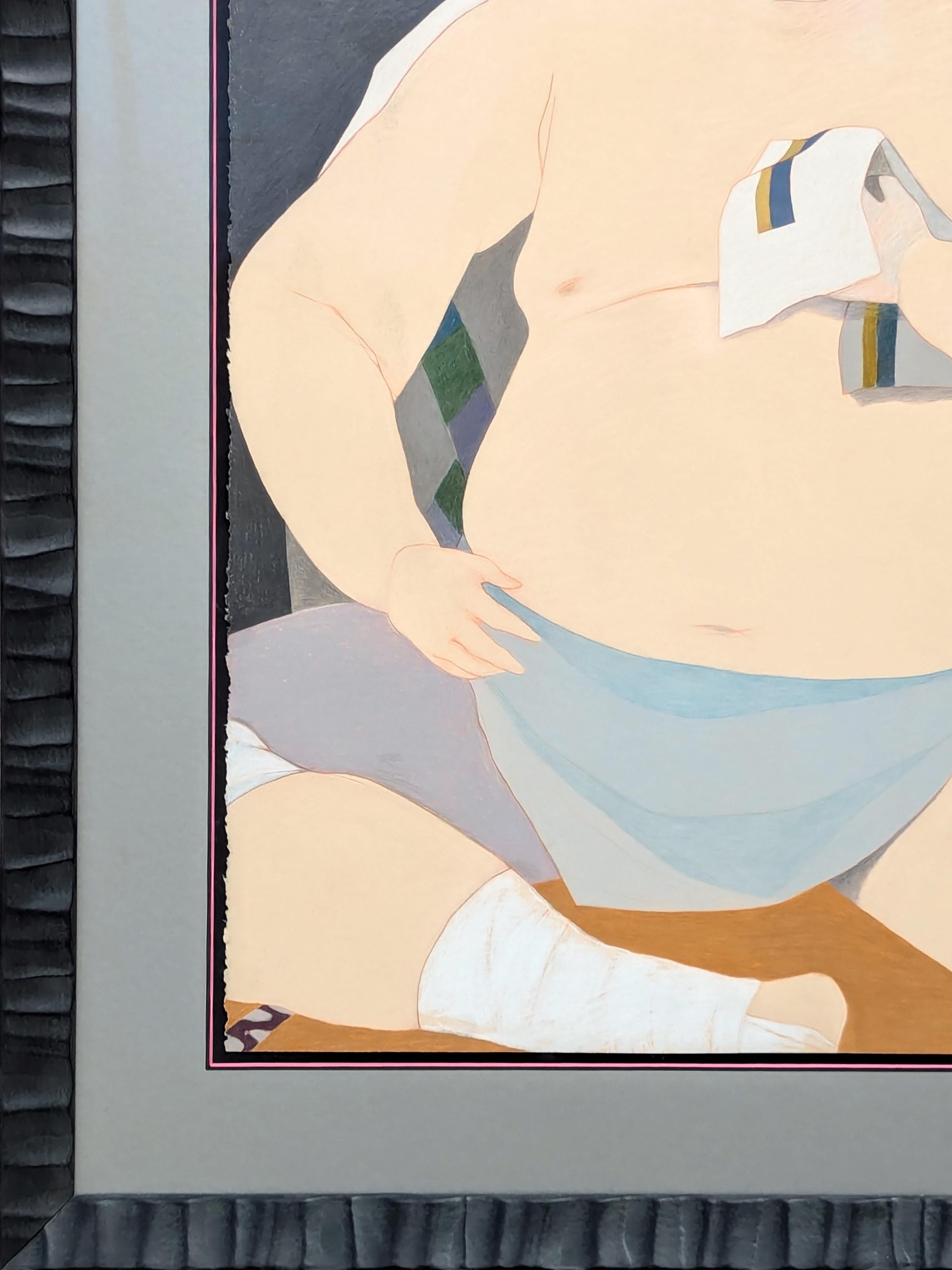 Moderne pastellfarbene figurative Zeichnung eines sitzenden, ruhenden Sumo-Wrestlers mit Kimono im Angebot 2