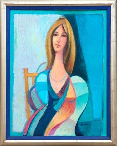 "Seated Blonde" Modern Cubist Colorful Seated Female Portrait Against Blue (Portrait de femme assise sur fond bleu)
