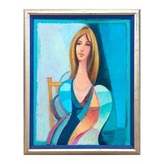 "Bionda seduta" Ritratto cubista moderno e colorato di donna seduta contro il blu