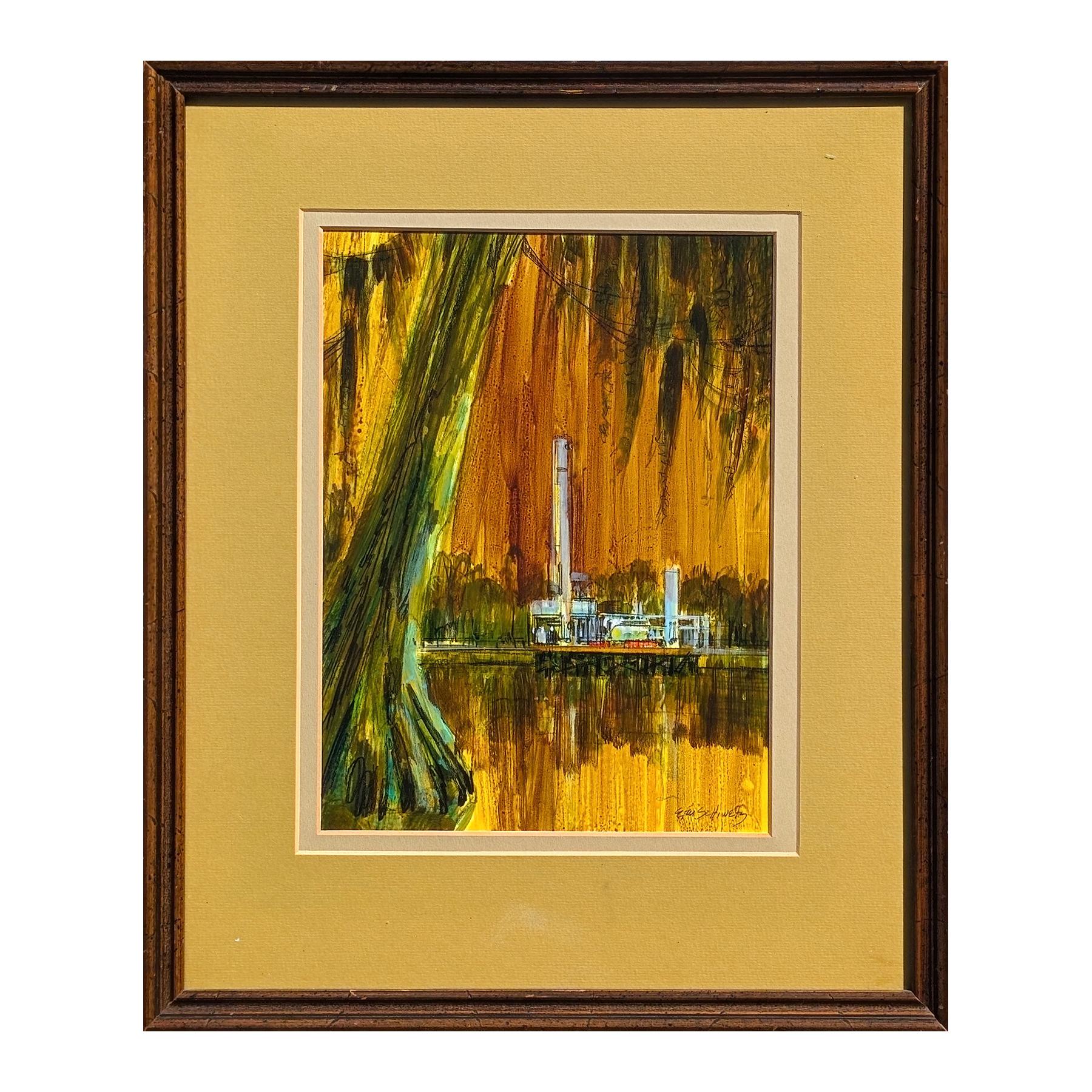 Frühe texanische moderne warmtonige Landschaft einer Ölraffinerie in einer Sumpflandschaft – Art von Buck Schiwetz