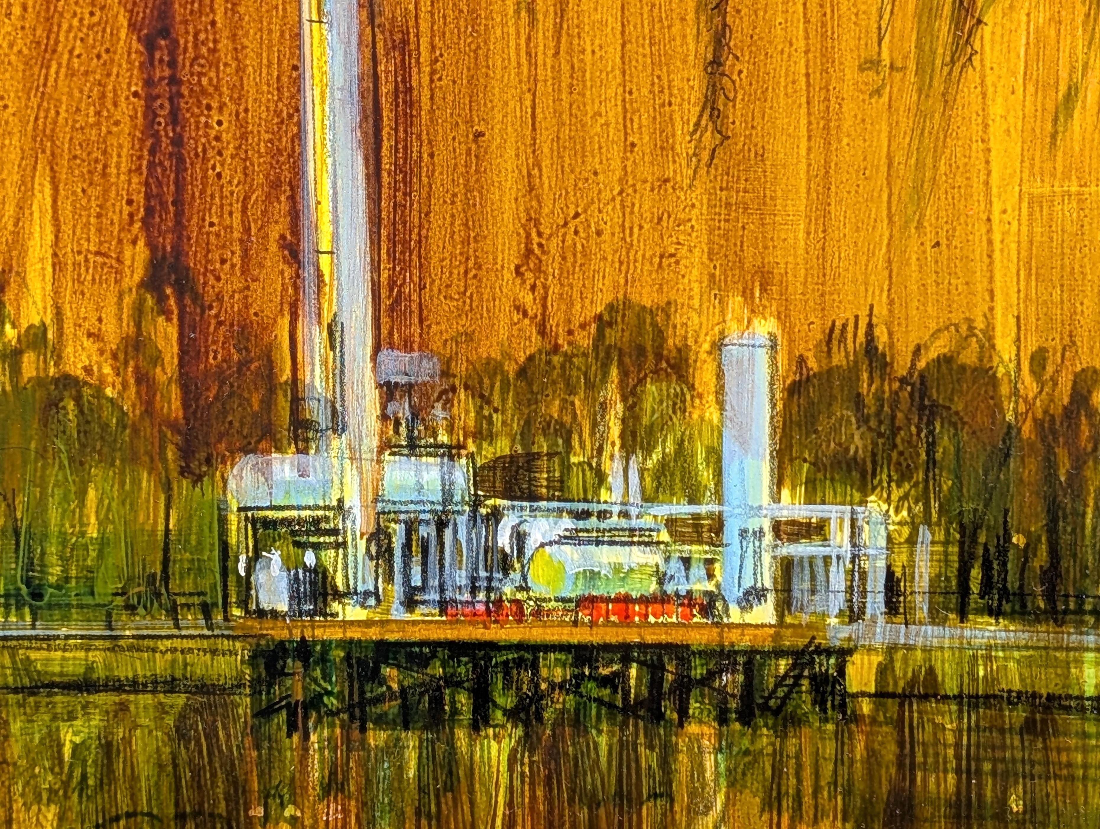 Frühe texanische moderne warmtonige Landschaft einer Ölraffinerie in einer Sumpflandschaft im Angebot 3
