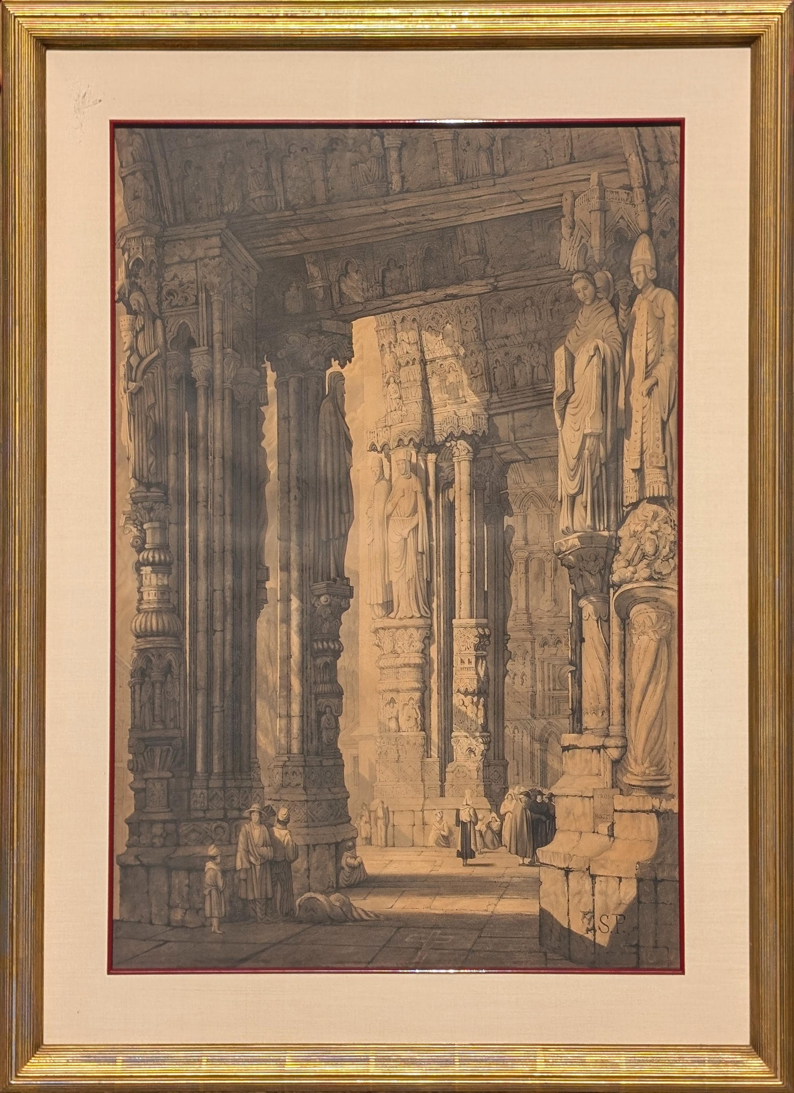 Samuel Prout Landscape Art - "Entrance to Chartres Cathedral" Early 19th Century Architectural Ink Drawing