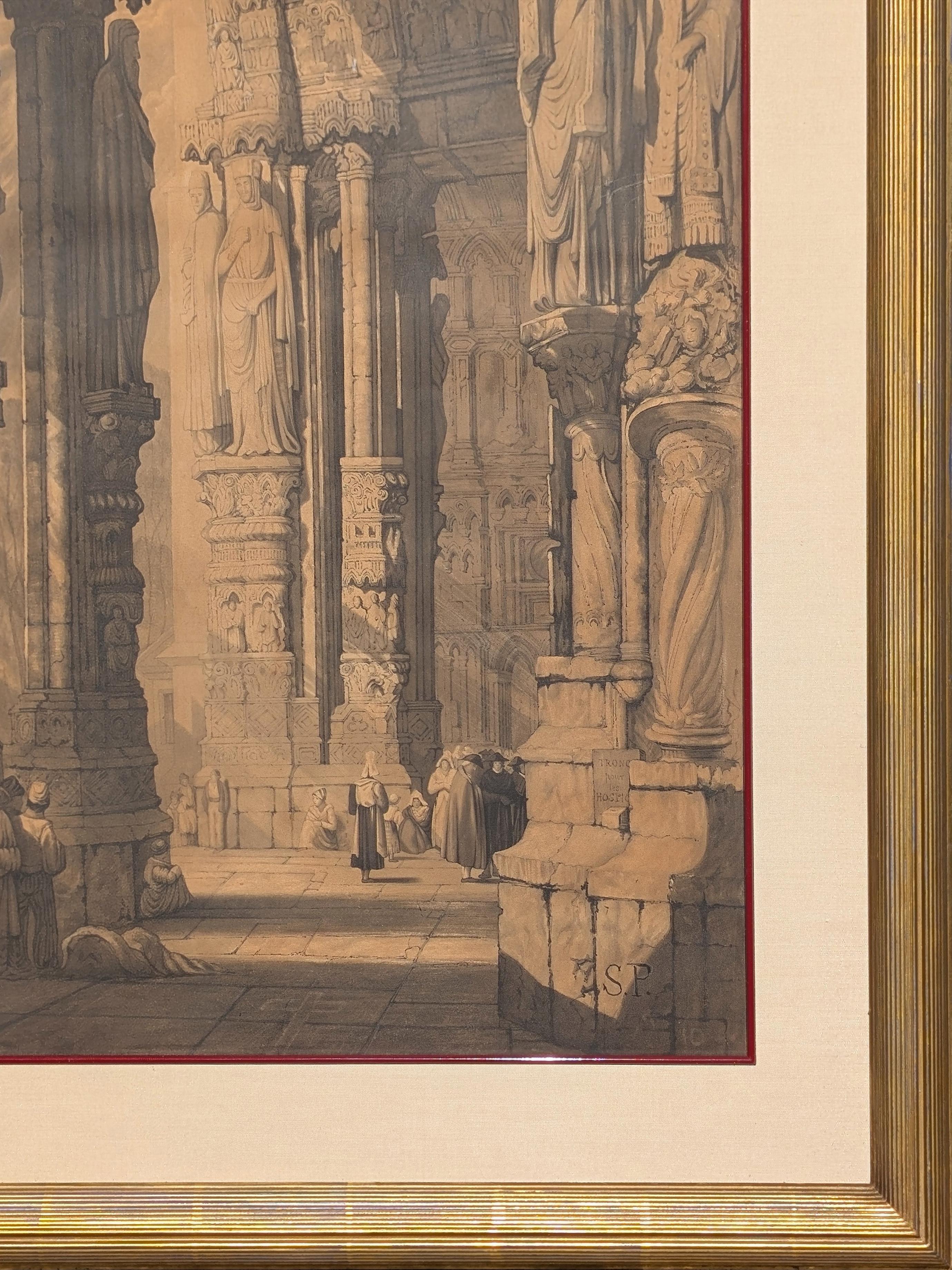 Early 19th century ink drawing of Chartres Cathedral by English artist Samuel Prout. The work focuses on the large scale architectural elements of the cathedral with small figures standing in the foreground. Signed S.P. in the front lower right