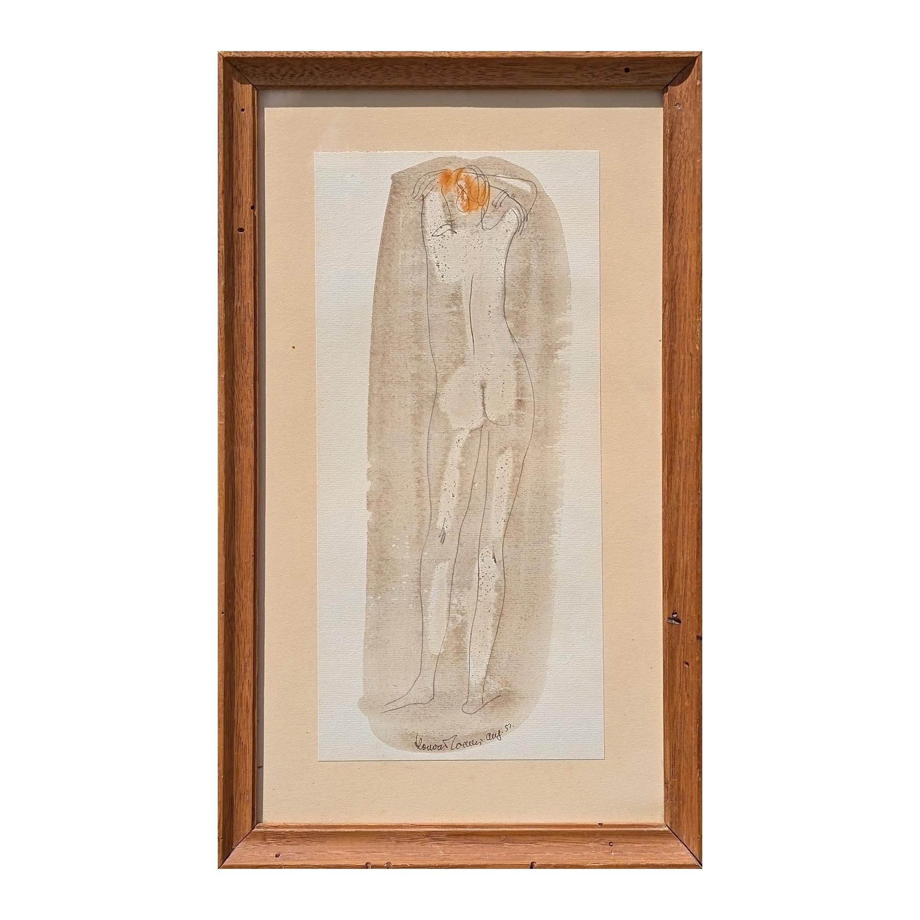 Early modern abstract figurative nude watercolor painting by German artist Konrad Cramer. The work features the back of a nude figure with their arms raised and crossed over their face. Signed and dated along front lower margin. Currently hung in a