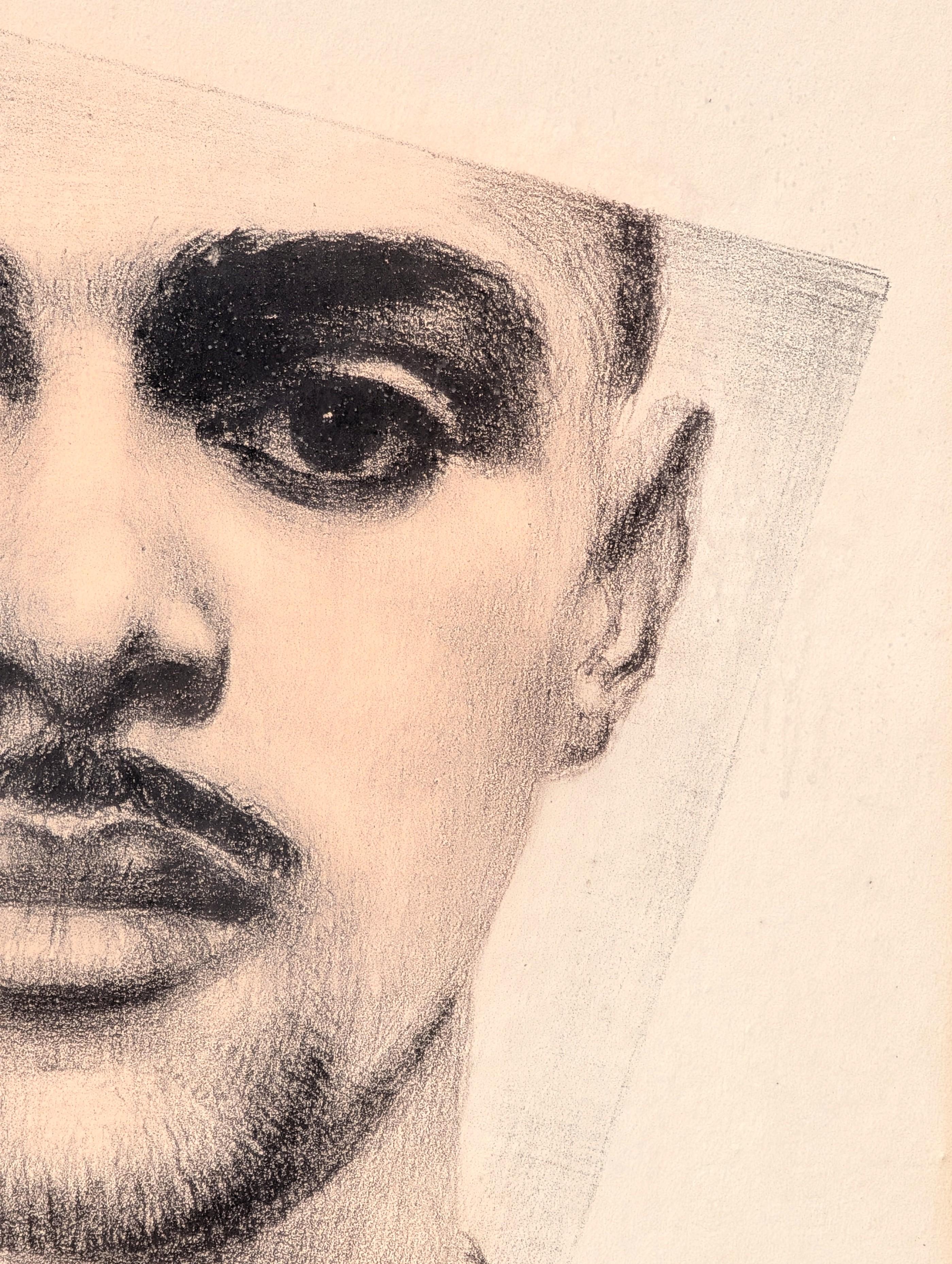 Moderne frühe Schwarz-Weiß-Kohle Künstler Selbst-Portrait Zeichnung im Angebot 3