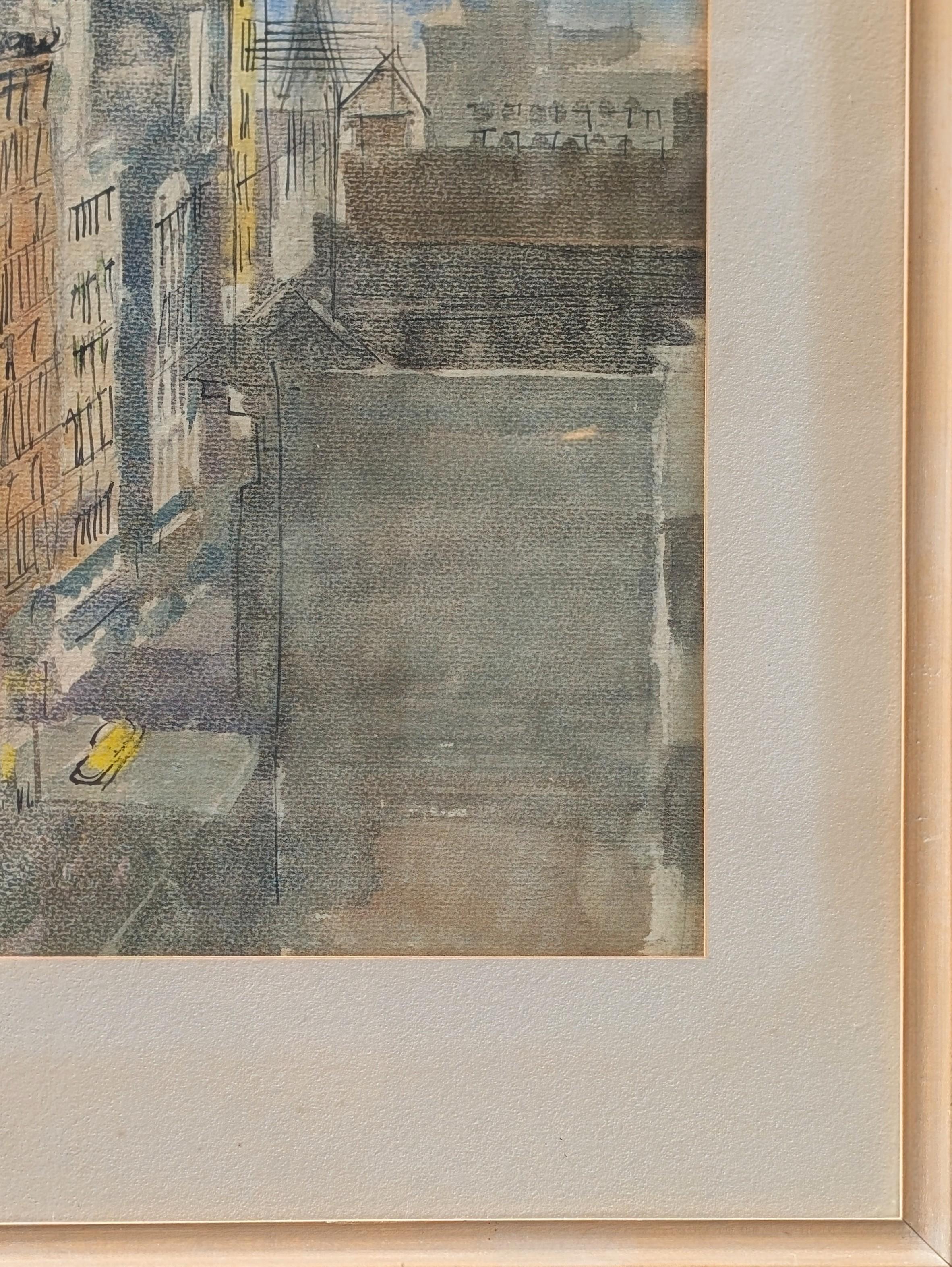 Escena de paisaje urbano moderno temprano y colorido del artista de Houston Edsel Cramer. La obra muestra una vista elevada del centro de San Francisco al paso de un coche amarillo. Actualmente está colgado en un marco de madera gris claro con un