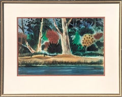 Modern Red, Yellow, Green, & Blue Abstract Forest Landscape Watercolor Painting